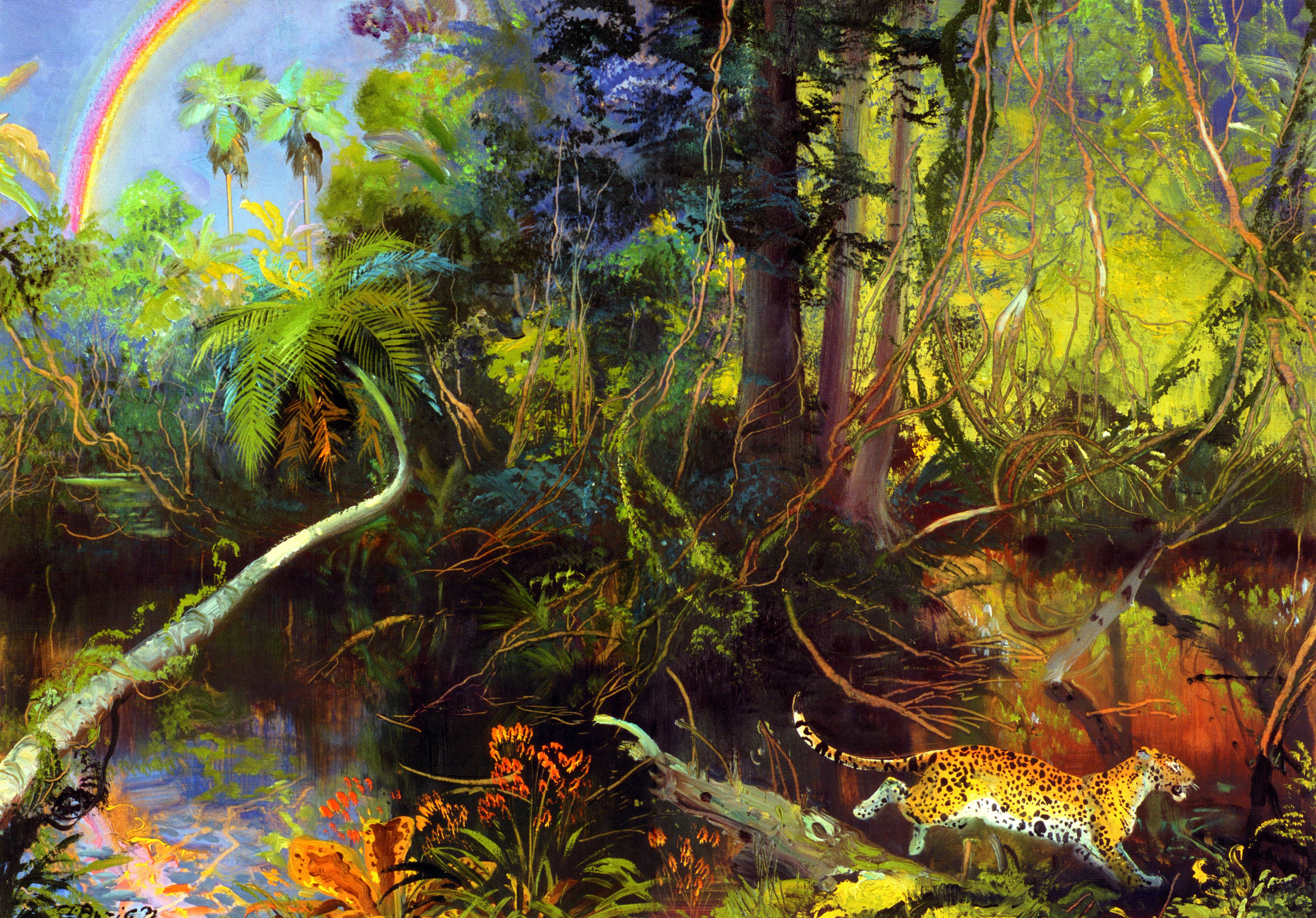 Jaguar in a vibrant jungle with a rainbow HD Wallpaper