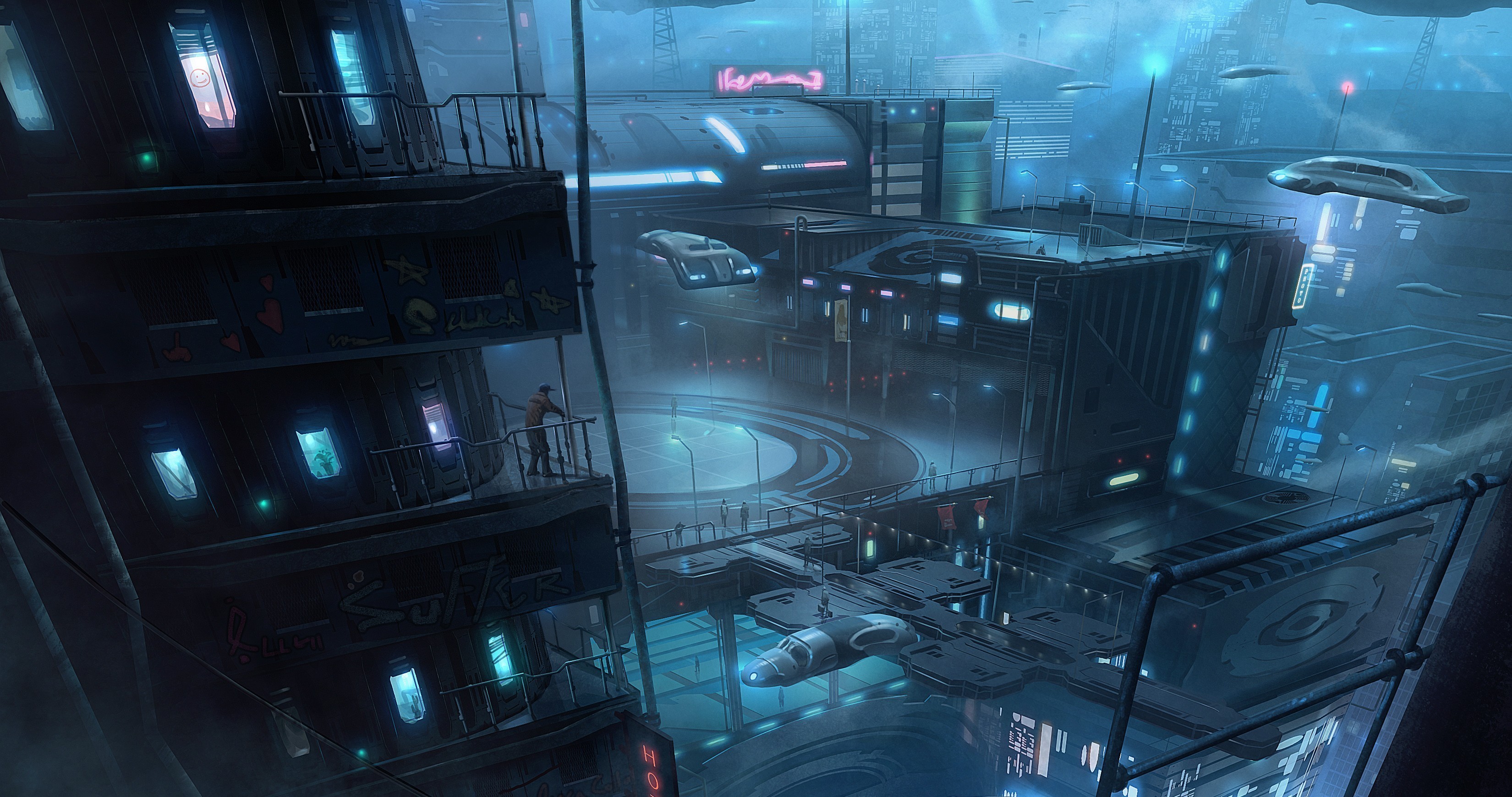 Futuristic city with flying vehicles and neon lights HD Wallpaper