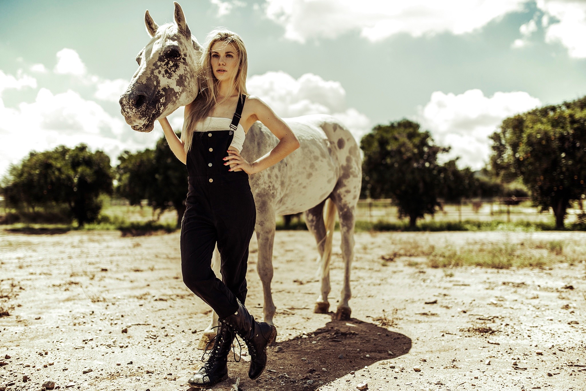 Blonde girl with a horse in a dry field HD Wallpaper