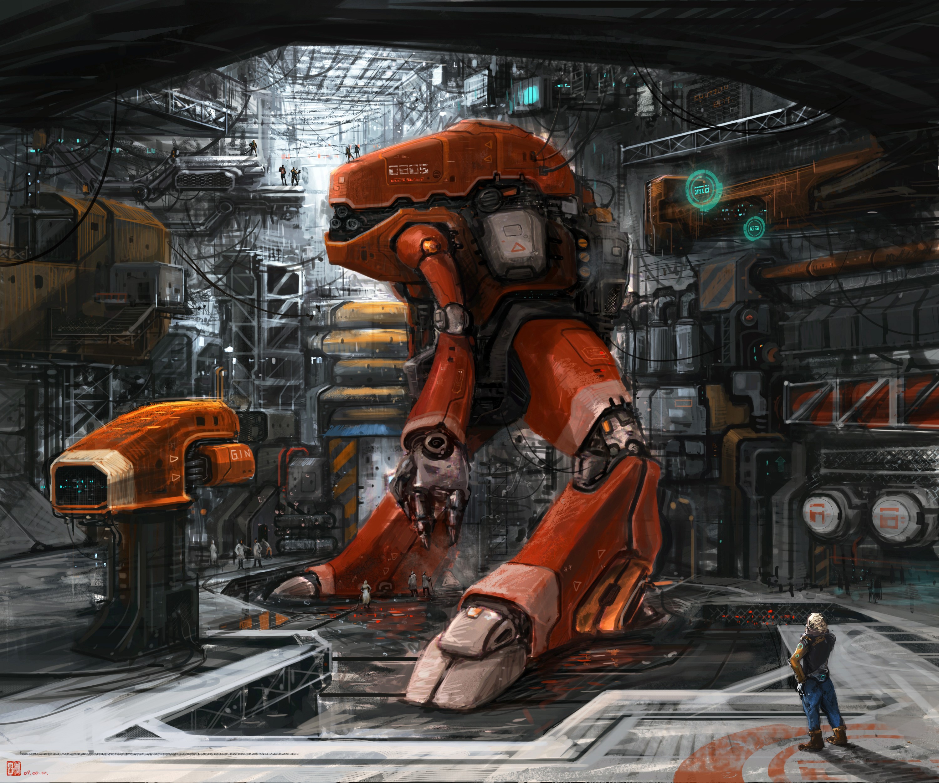 Giant orange robot in a futuristic industrial complex HD Wallpaper