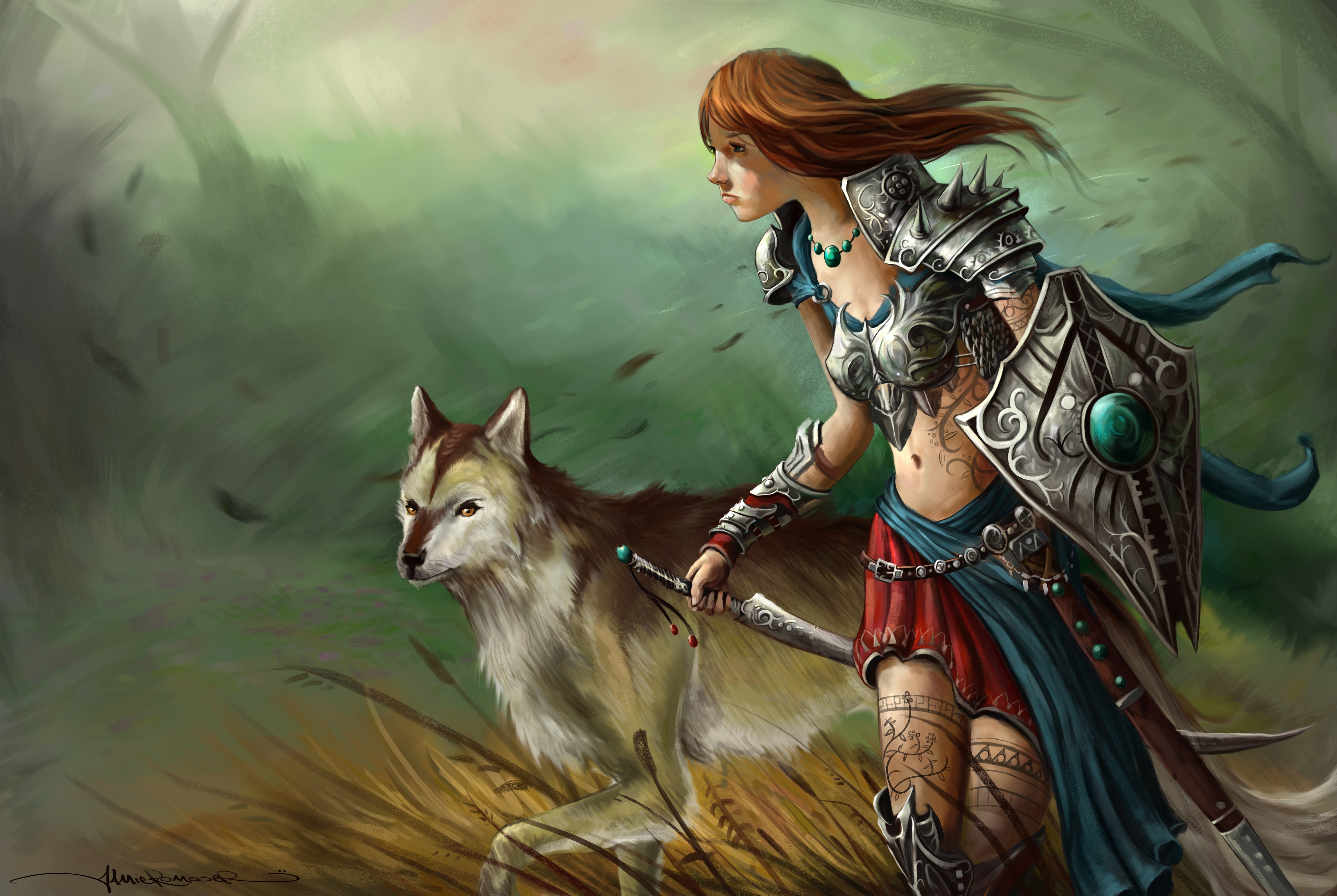 Warrior woman with wolf and shield in forest HD Wallpaper