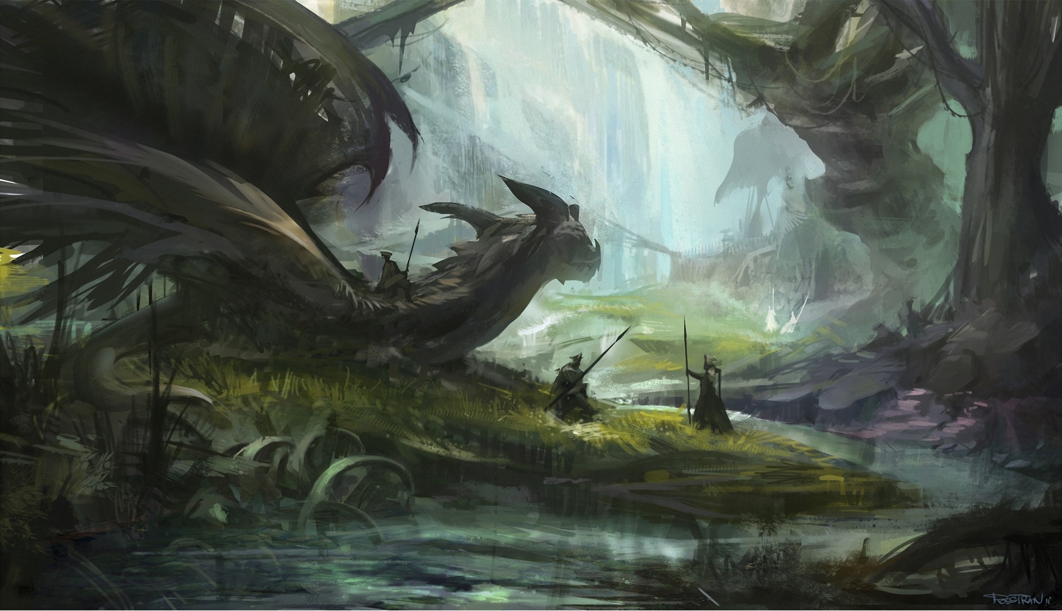 Dragon with warriors in a fantasy forest HD Wallpaper