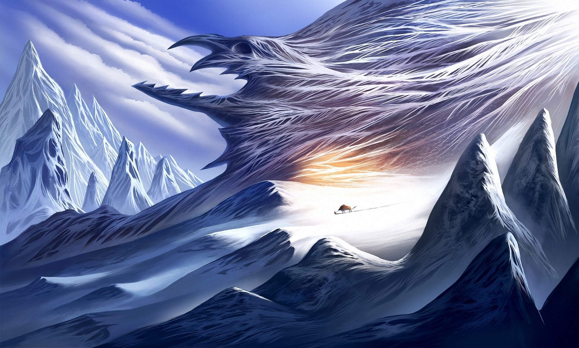 Fantasy creature in snowy mountains with a traveler HD Wallpaper