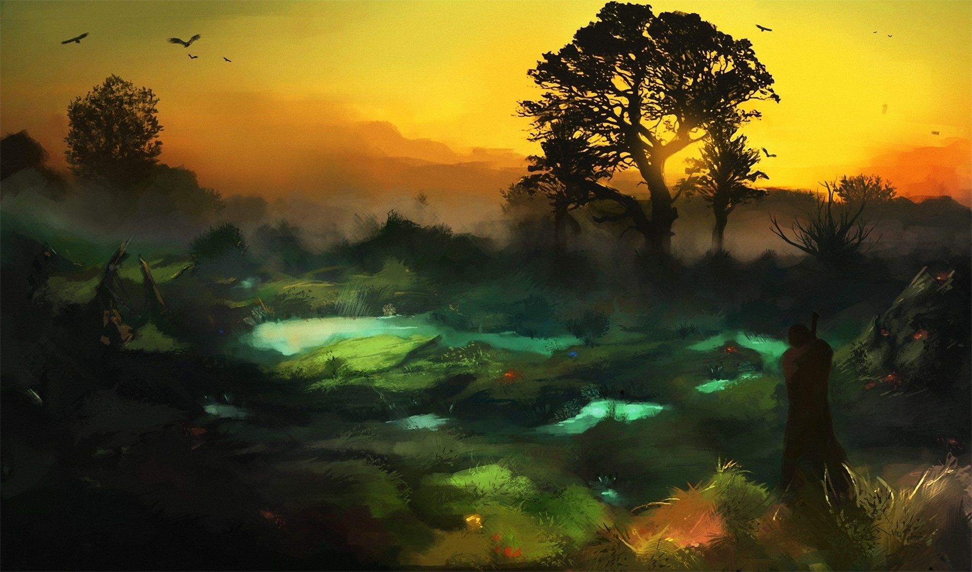 Fantasy landscape painting with a person and trees at sunset HD Wallpaper