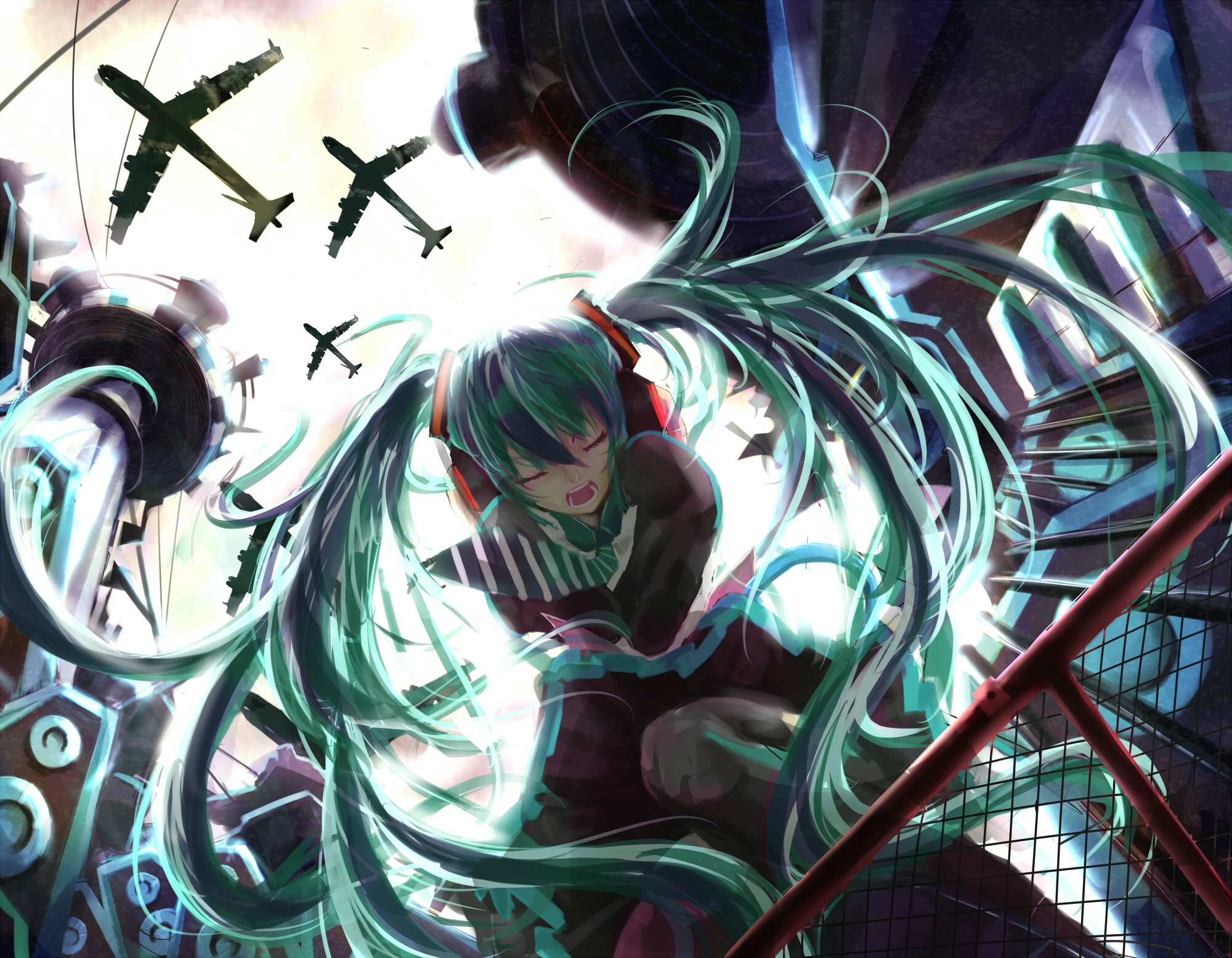 Hatsune Miku with Airplanes and Machinery HD Wallpaper