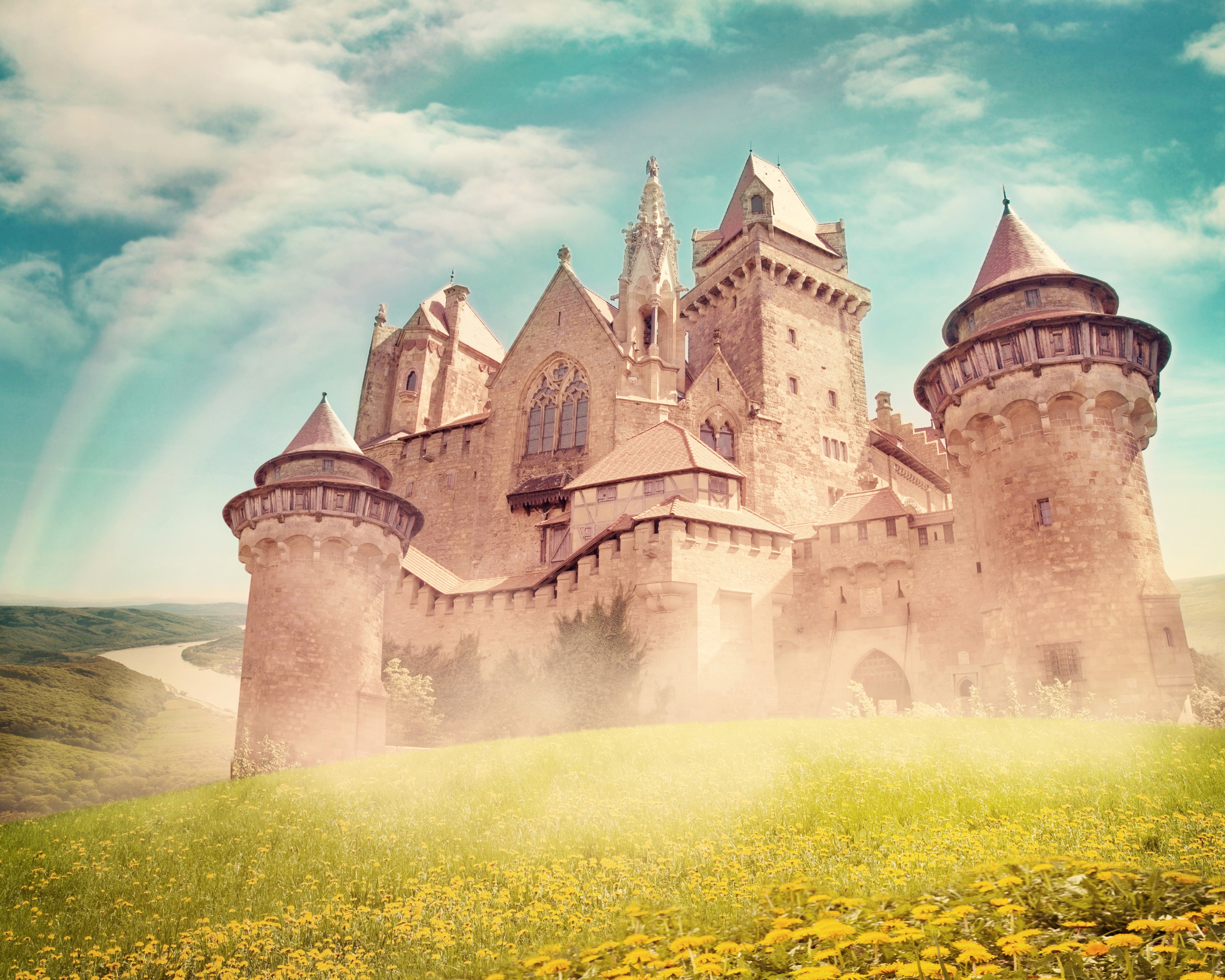 Castle on a hill with rainbow and fields HD Wallpaper
