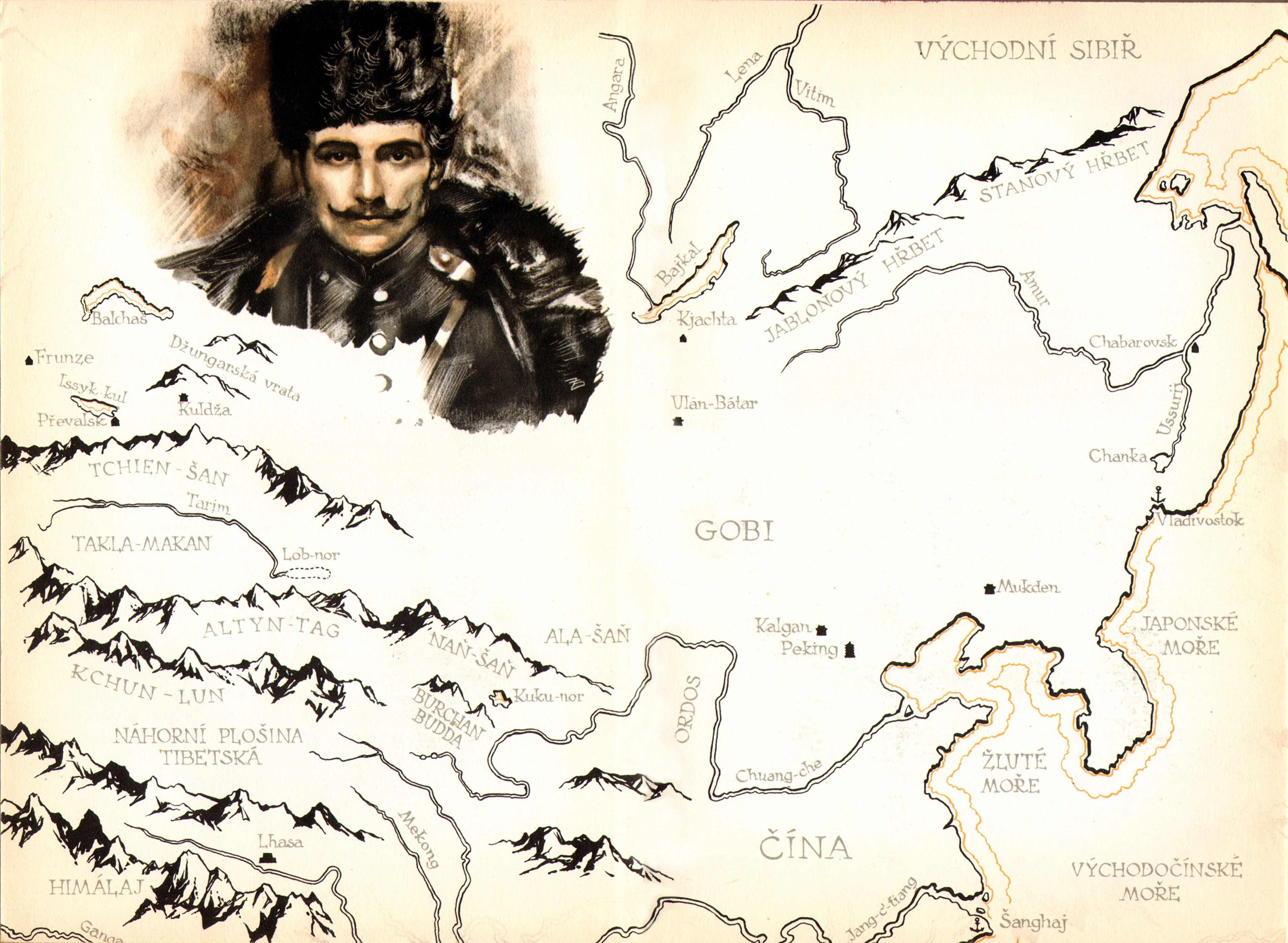 Zdenek Burian portrait over map of Eastern Siberia and China HD Wallpaper