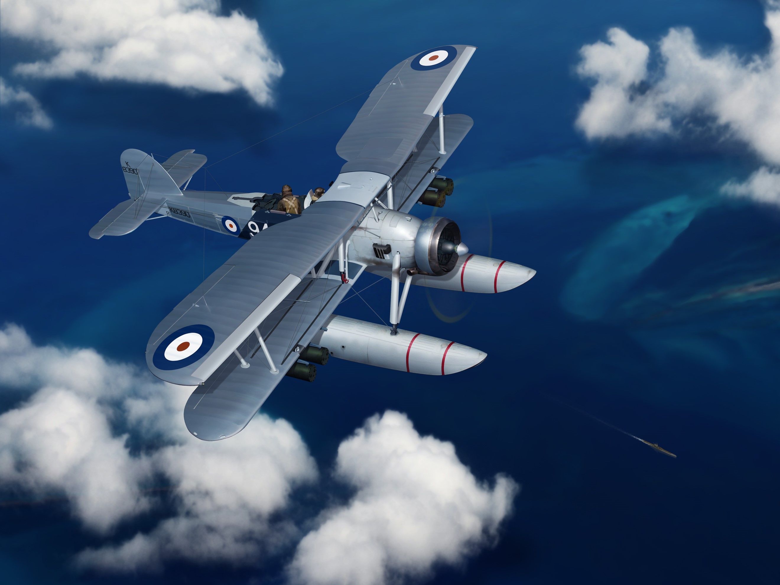 Fairey Swordfish floatplane attacking a submarine HD Wallpaper