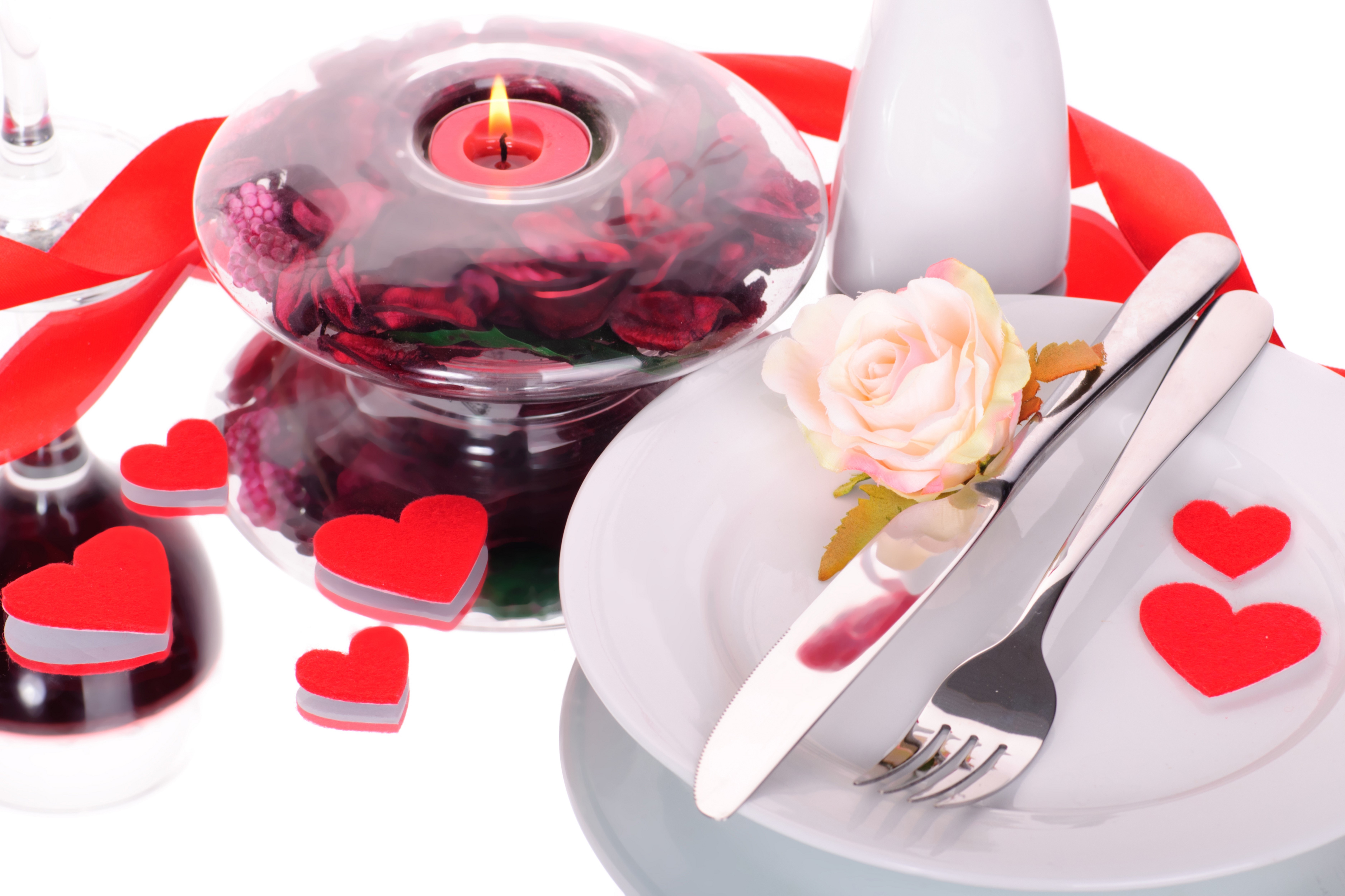 Valentine's Day Table Setting with Candle and Rose HD Wallpaper