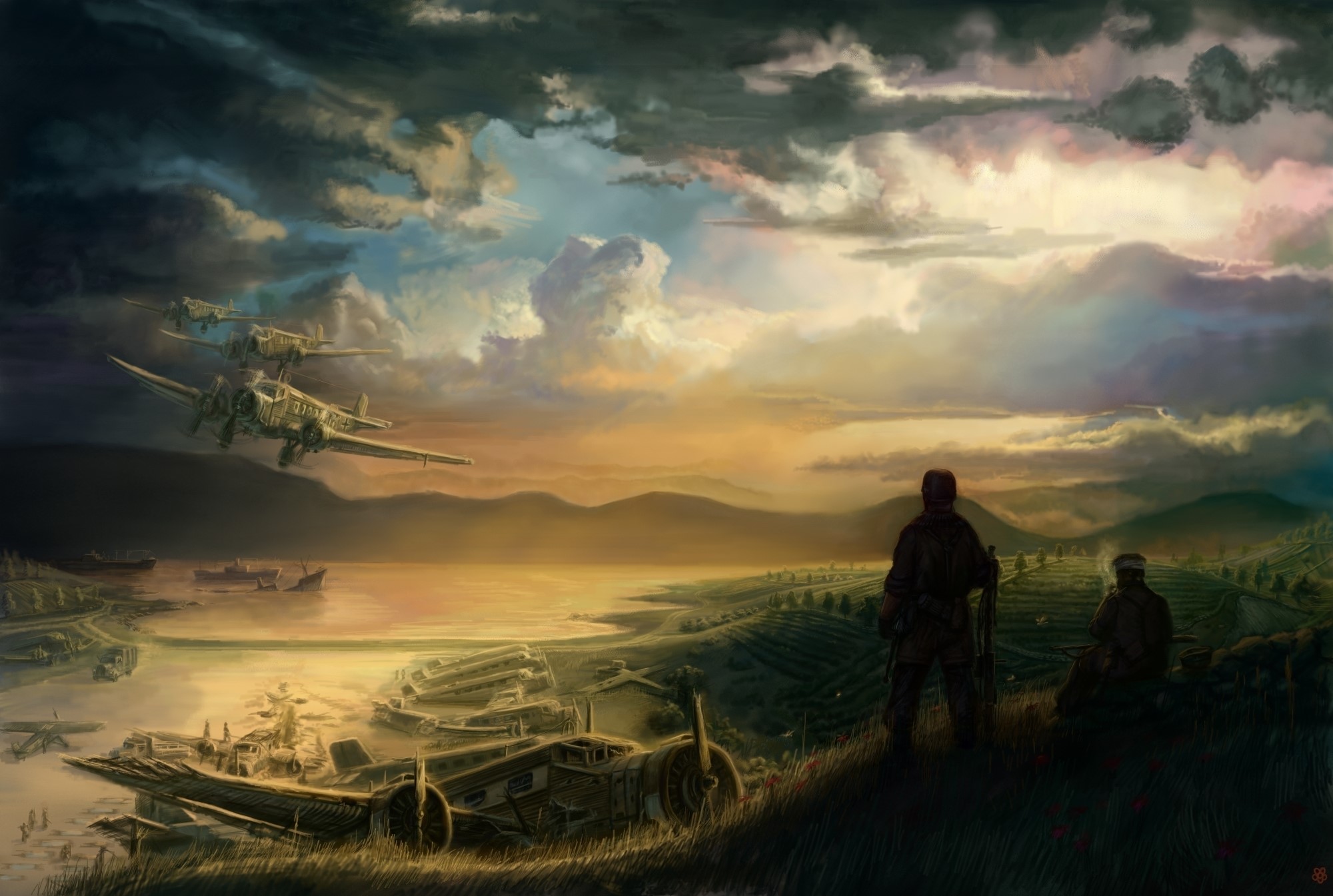 Painting of airplanes flying over a war-torn landscape at sunset HD Wallpaper