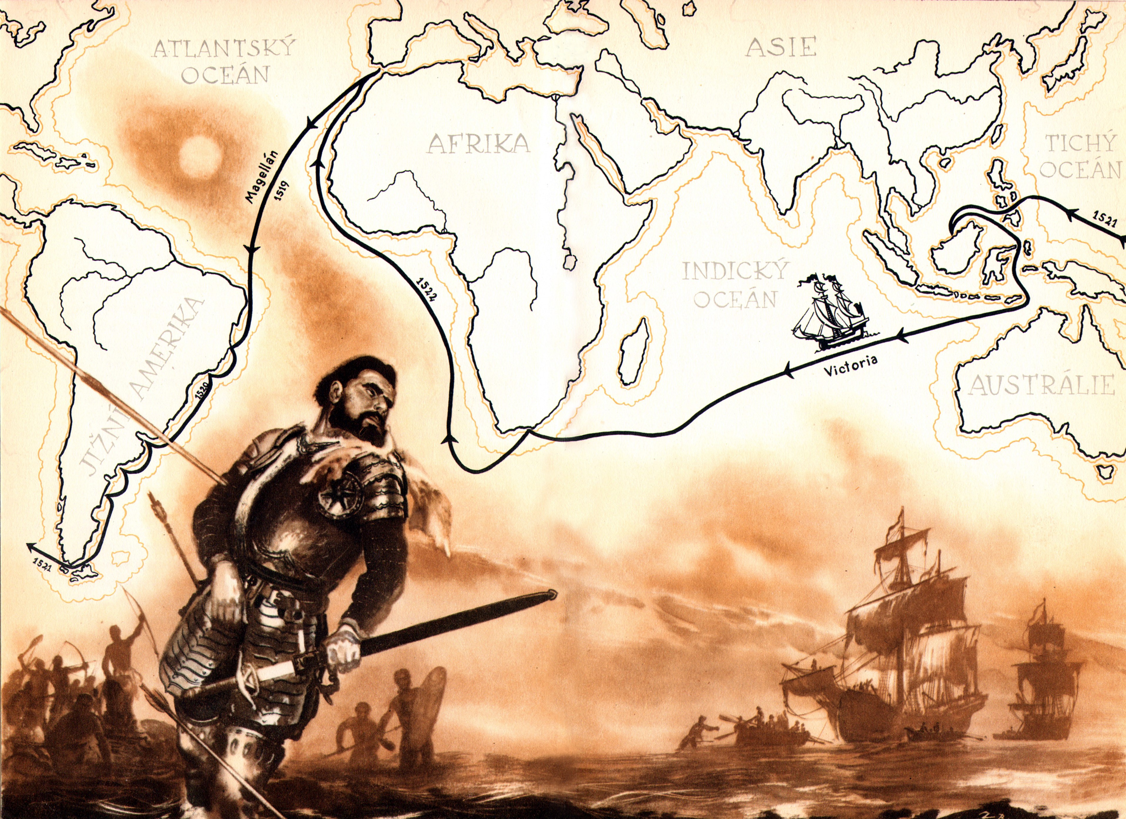 Magellan's circumnavigation route with Victoria ship HD Wallpaper