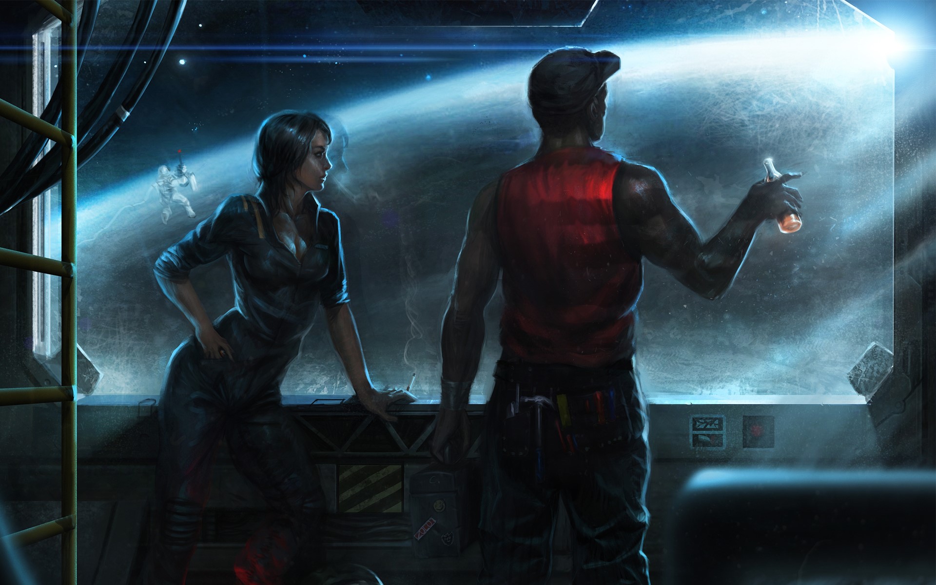 Two people in a spaceship looking at a planet HD Wallpaper