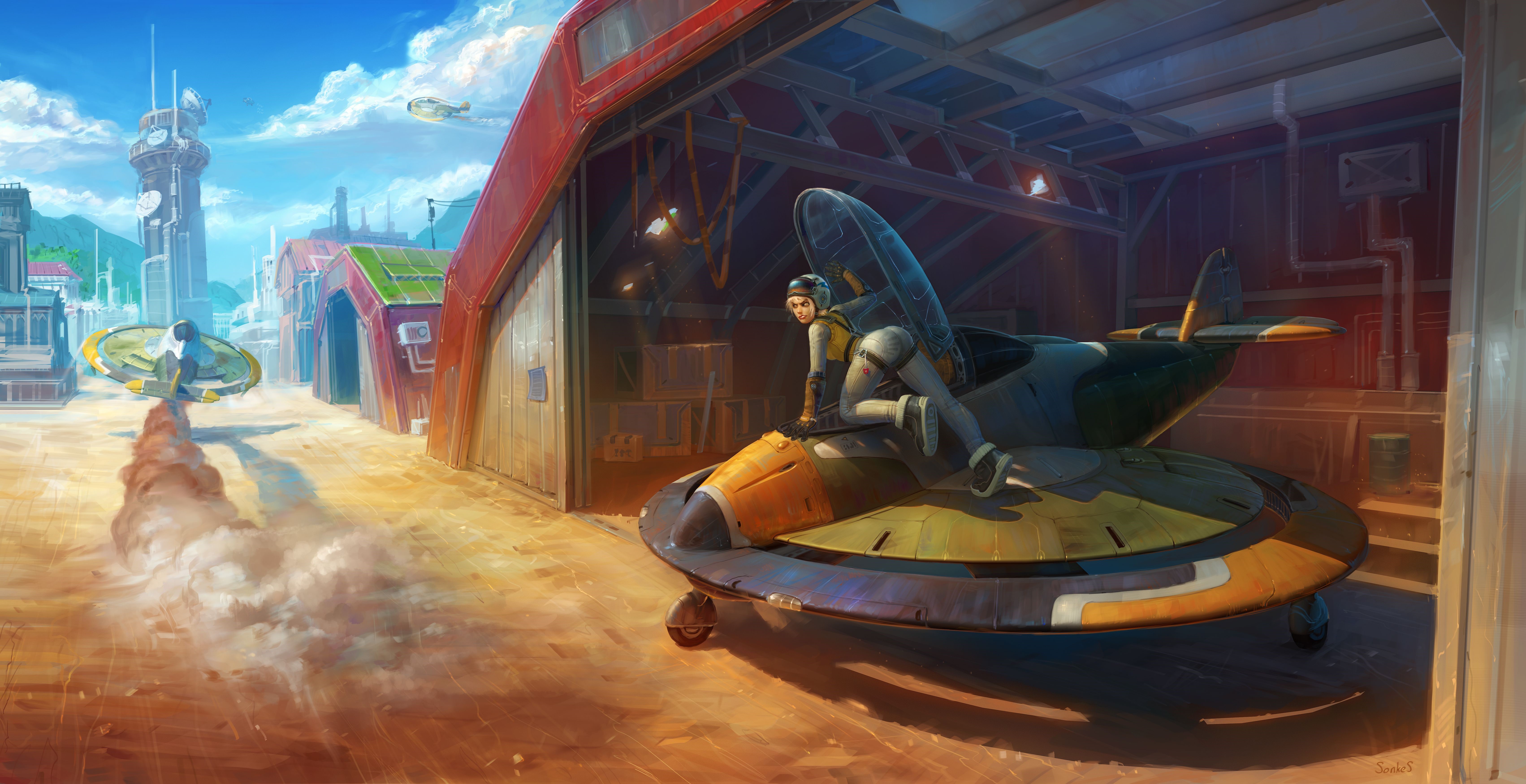 Fantasy world with flying vehicles and a pilot HD Wallpaper
