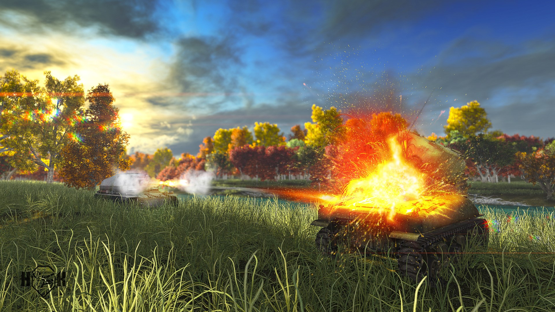 World of Tanks: Tanks firing with explosions in a field HD Wallpaper