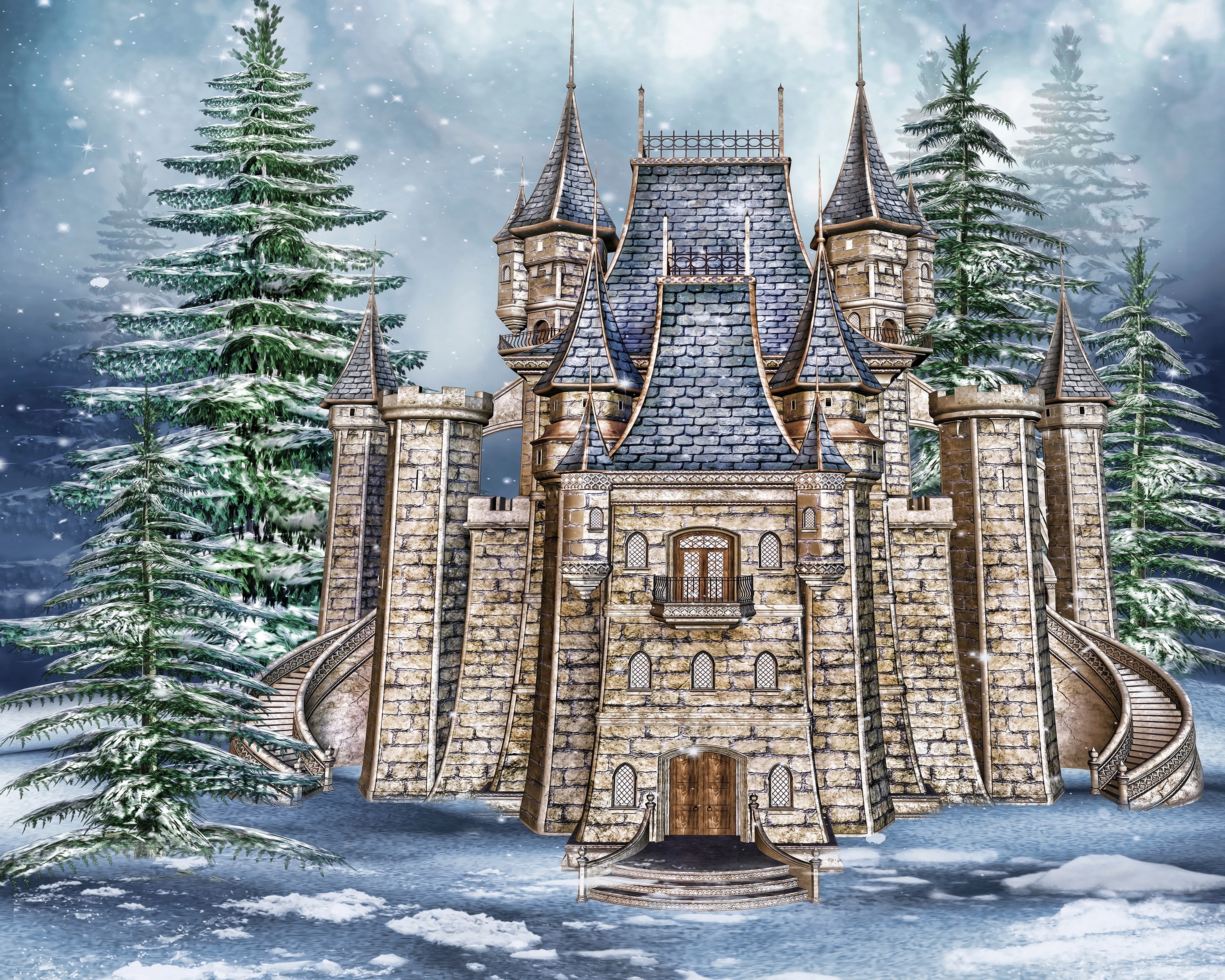 Stone castle in a snowy forest with pine trees HD Wallpaper