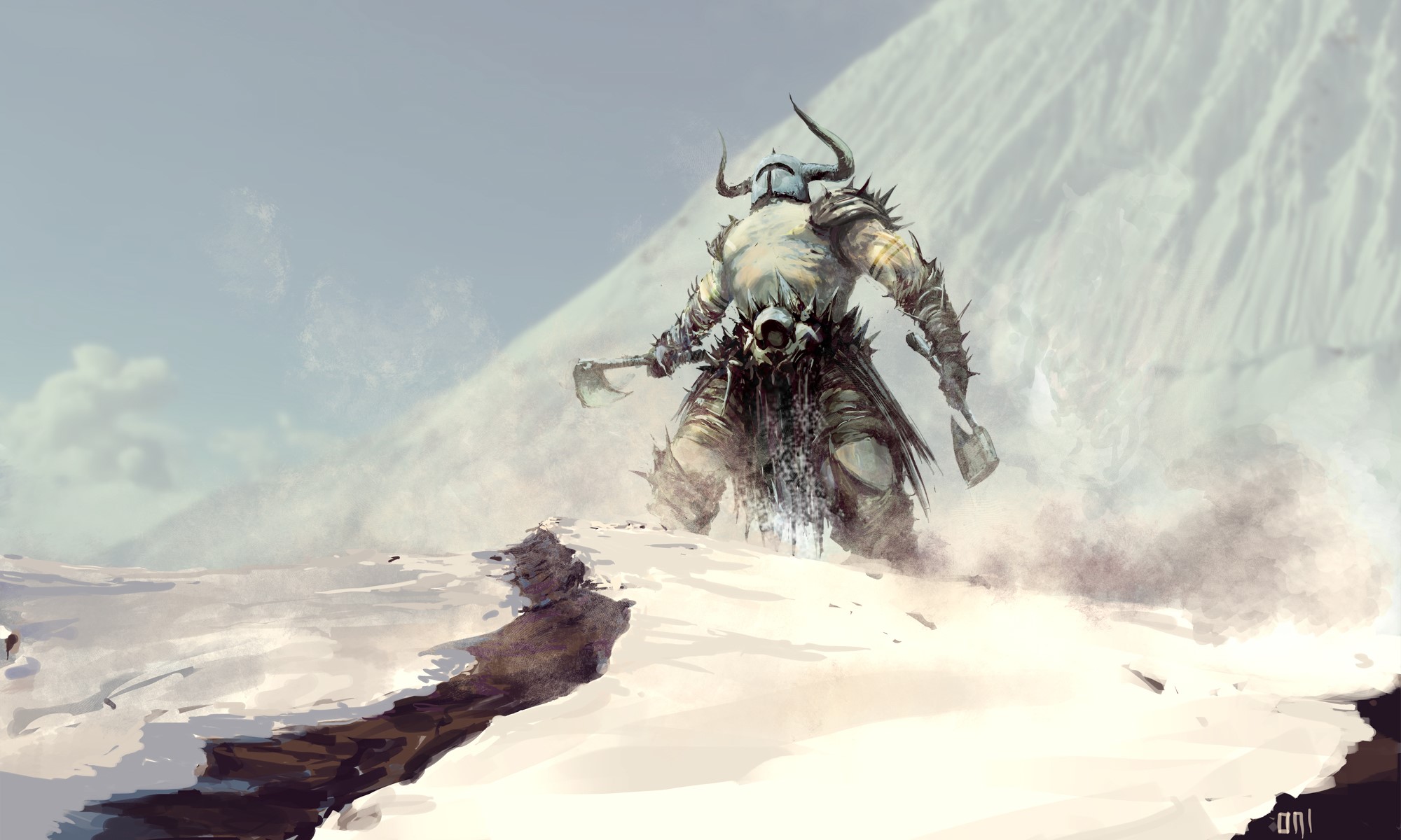 Giant warrior with battle axes in snowy mountains HD Wallpaper