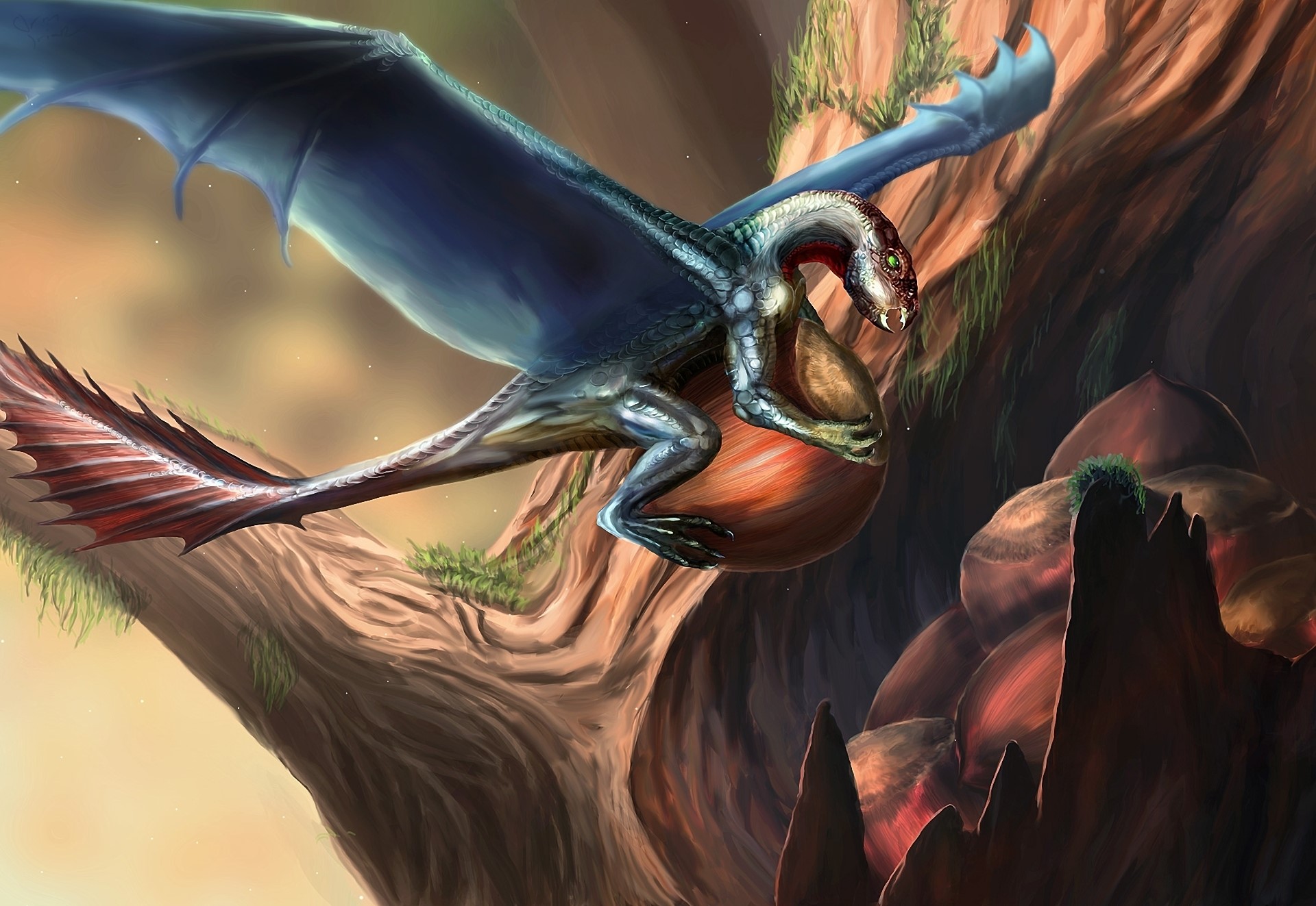 Dragon carrying a large nut through a rocky canyon HD Wallpaper
