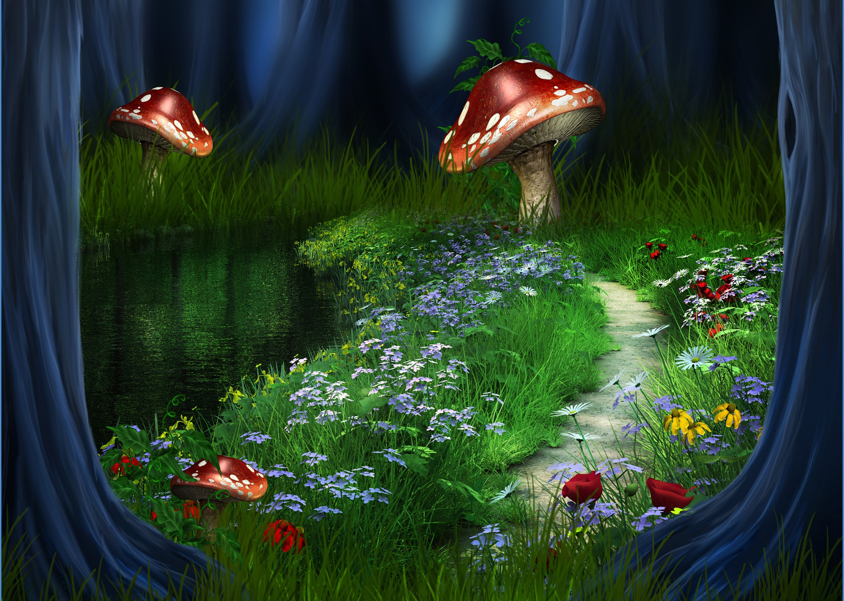 Enchanted forest path with mushrooms and flowers HD Wallpaper