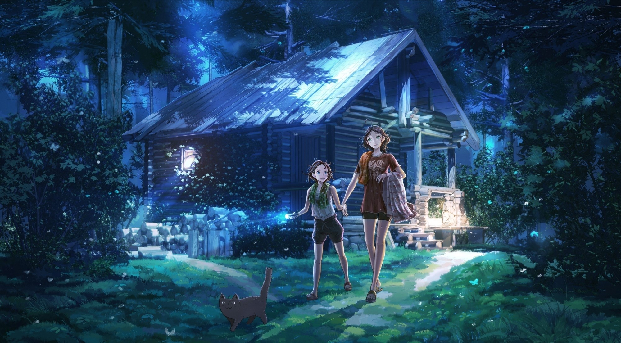 Two girls and a cat near a cabin at night HD Wallpaper