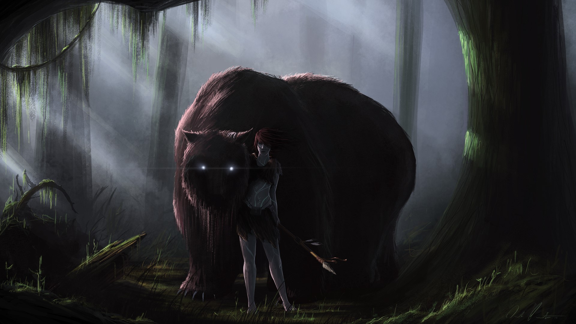 Girl with spear and magical bear in forest HD Wallpaper