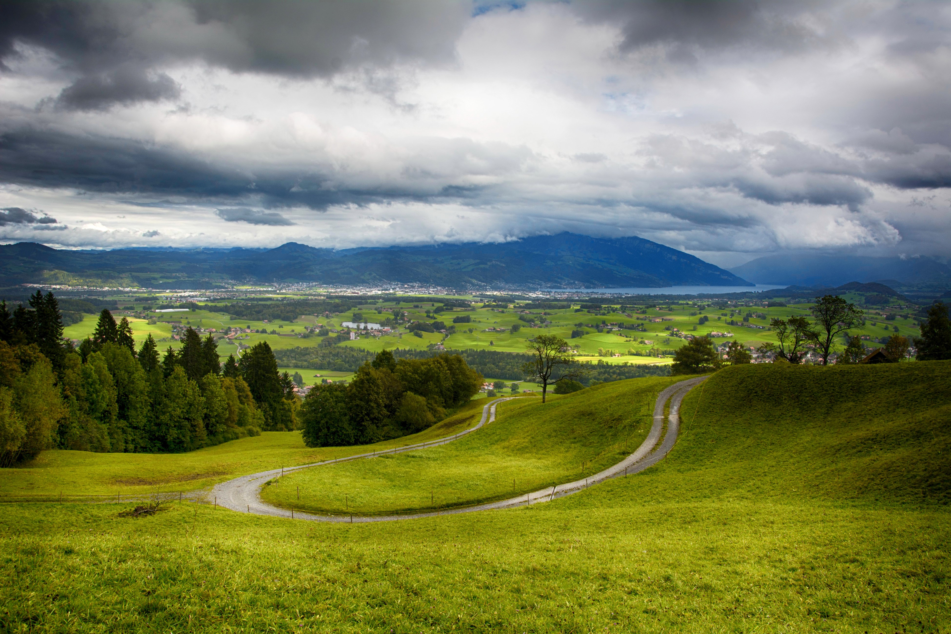 4K Wattenwil Switzerland Scenery Fields Roads Sky Grass HD Wallpaper