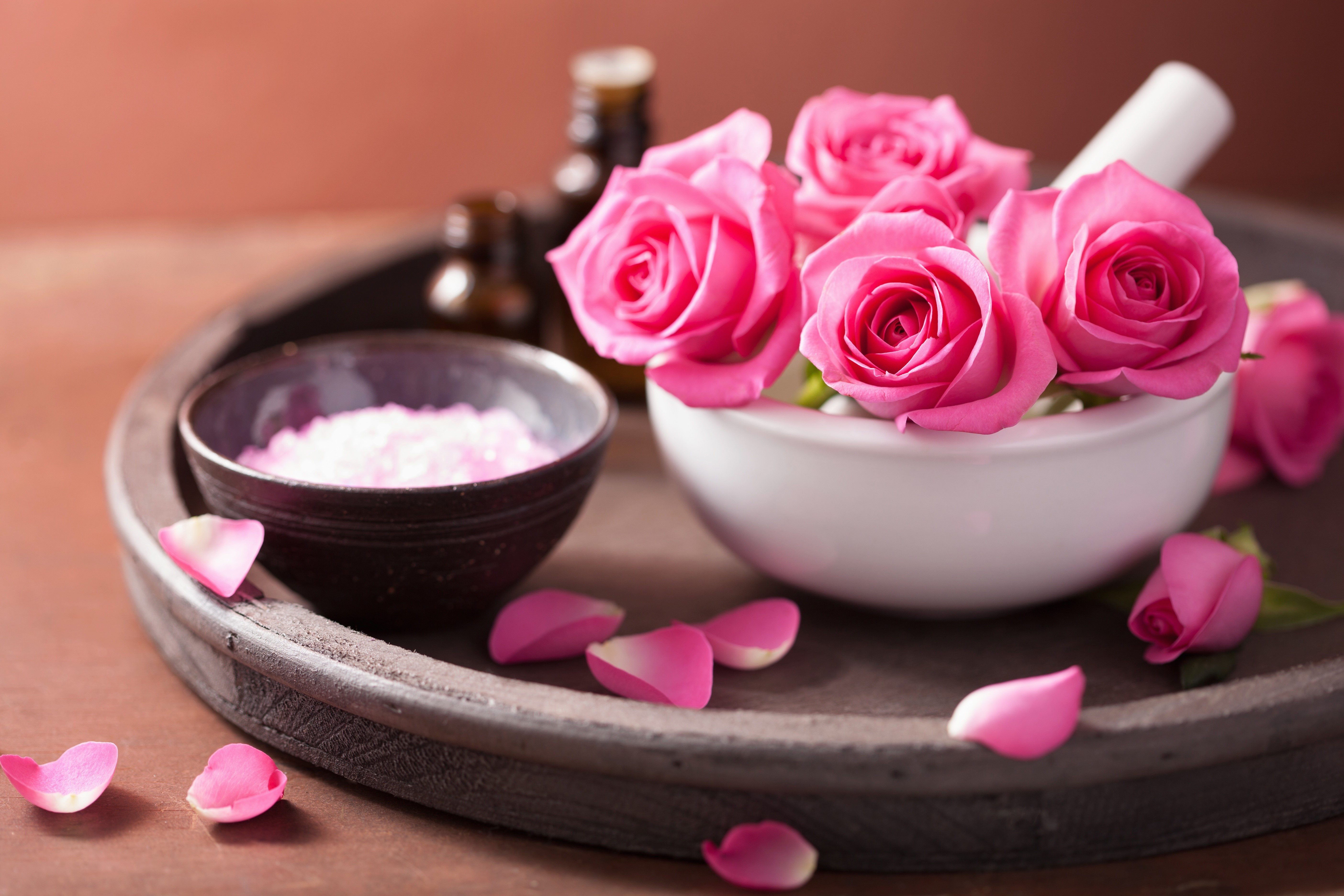 Pink Roses in Mortar with Bath Salts HD Wallpaper