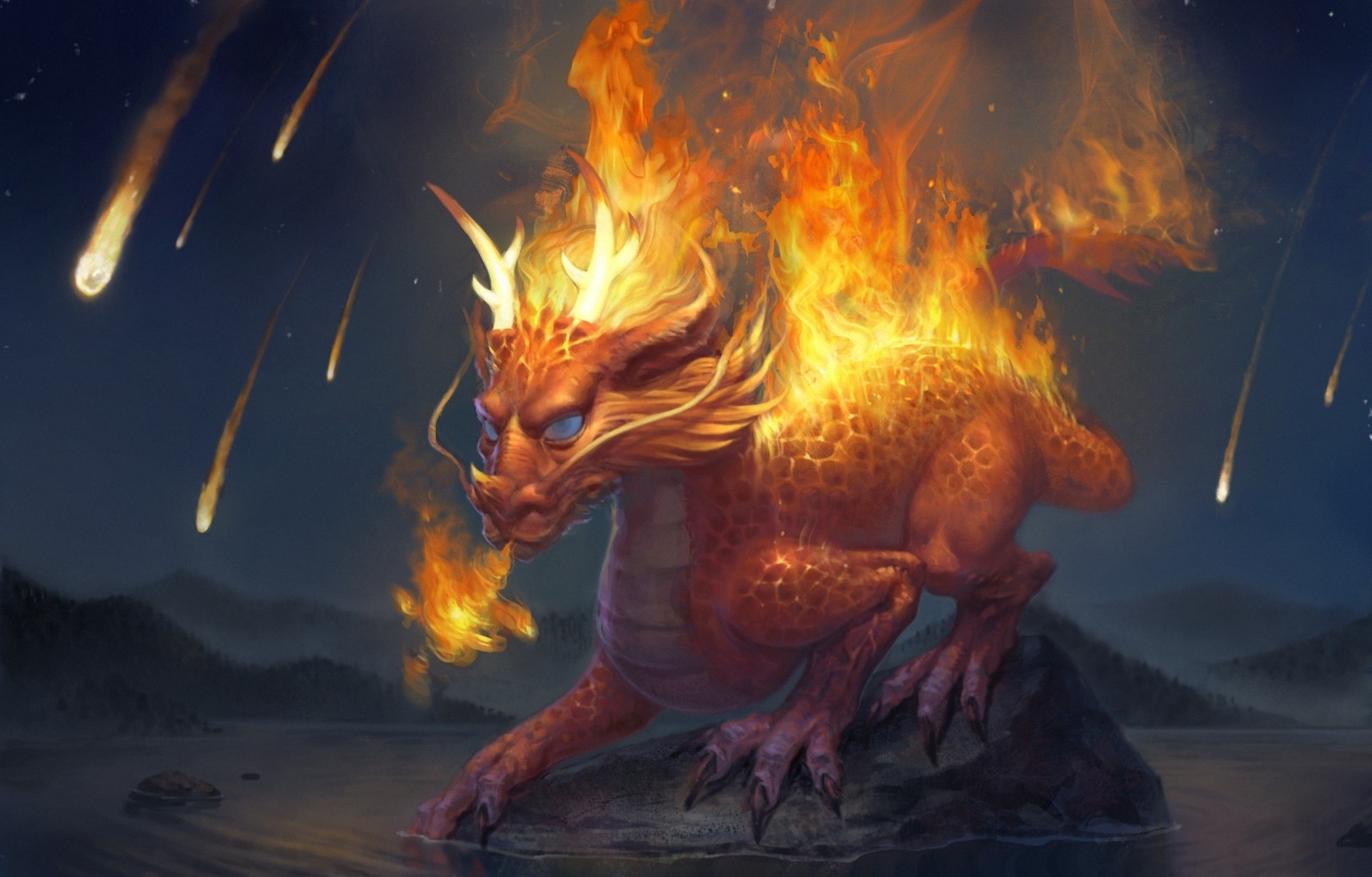 A fiery dragon amidst falling stars HD Wallpaper