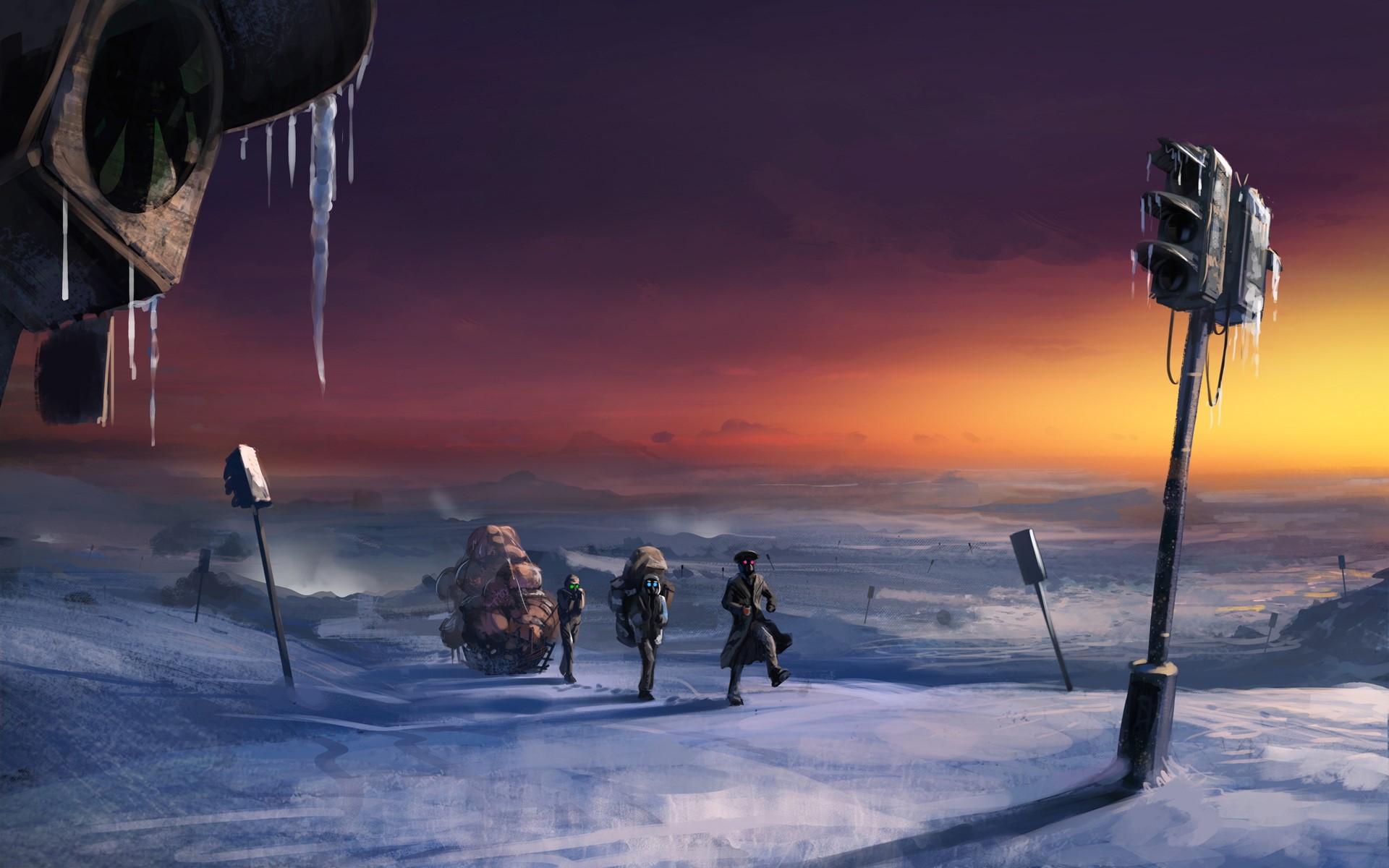 Post-apocalyptic travelers in a snowy landscape at sunset HD Wallpaper