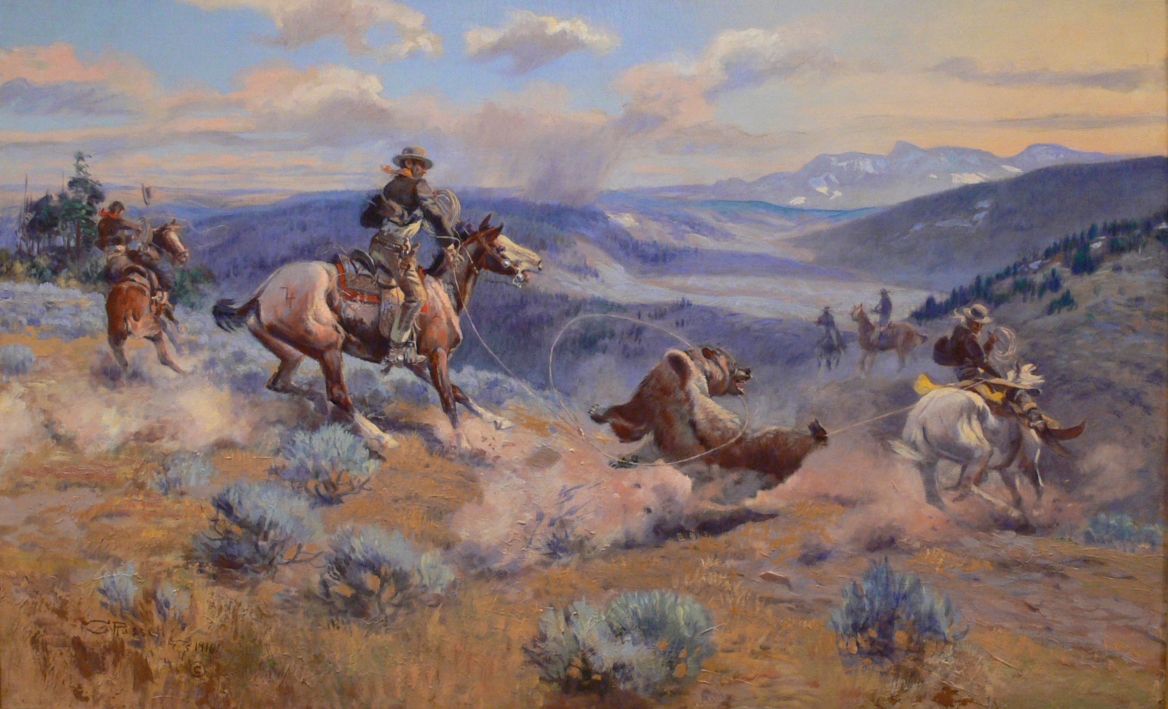 Cowboys Lassoing a Bear by Charles Marion Russell HD Wallpaper