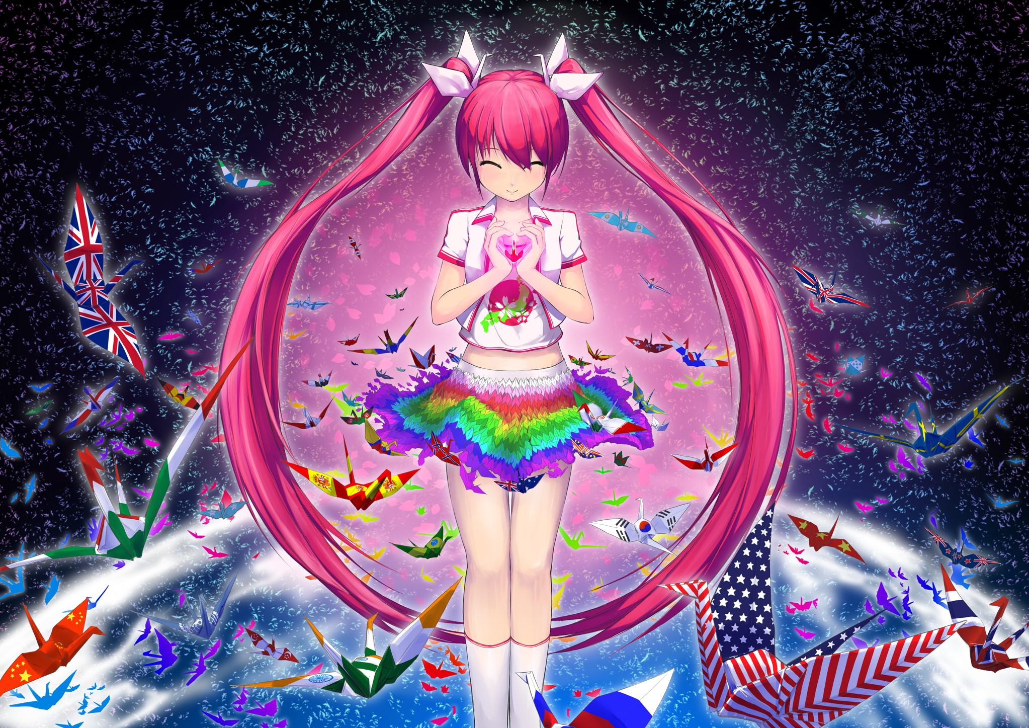 Sakura Miku surrounded by origami cranes of national flags HD Wallpaper