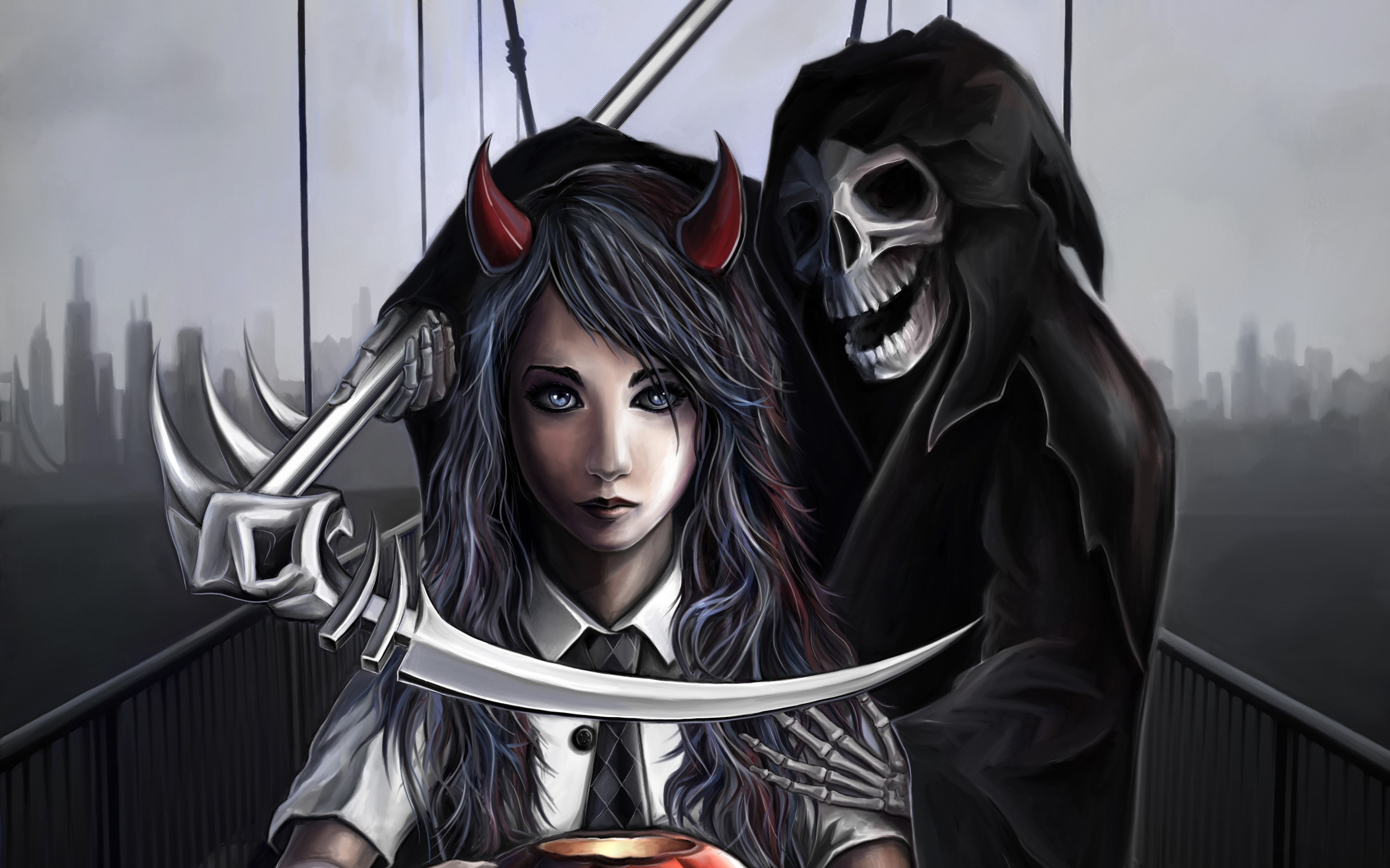 Girl with devil horns and Grim Reaper with scythe HD Wallpaper