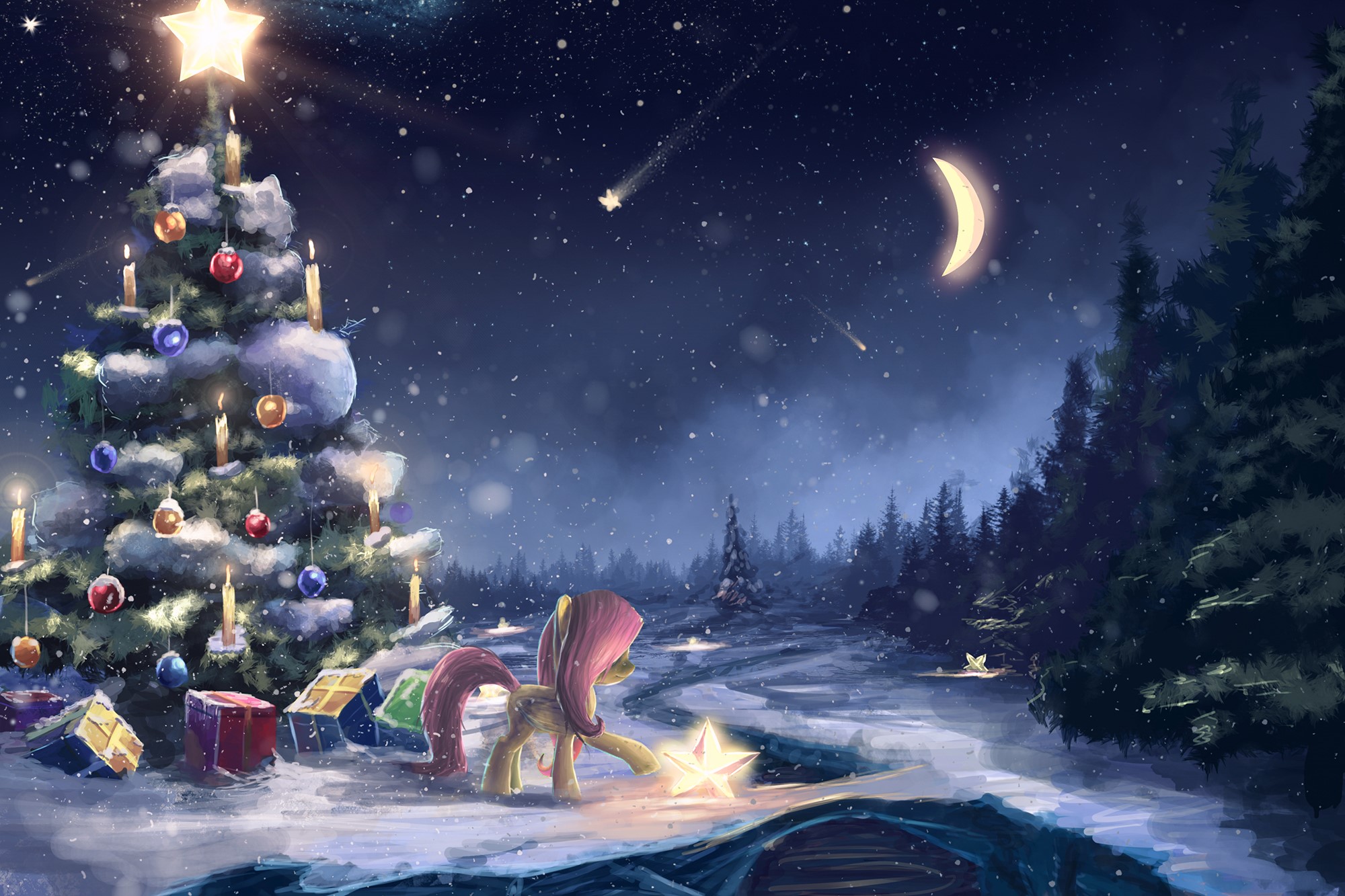 Fluttershy from My Little Pony by a Christmas Tree at Night HD Wallpaper