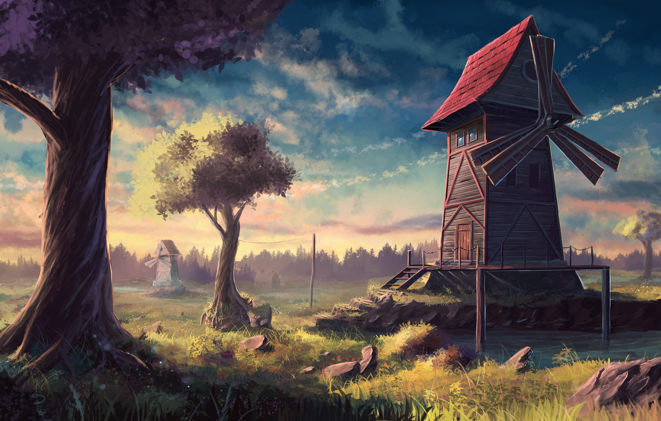 Fantasy landscape with windmills and trees at sunset HD Wallpaper