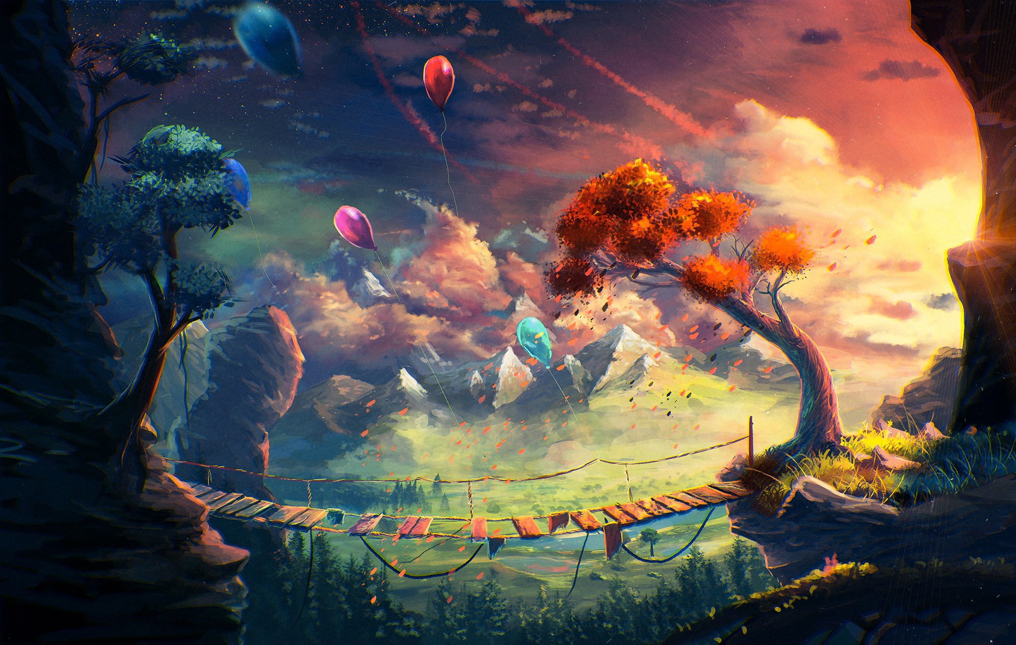 Fantastic world with balloons and a bridge HD Wallpaper