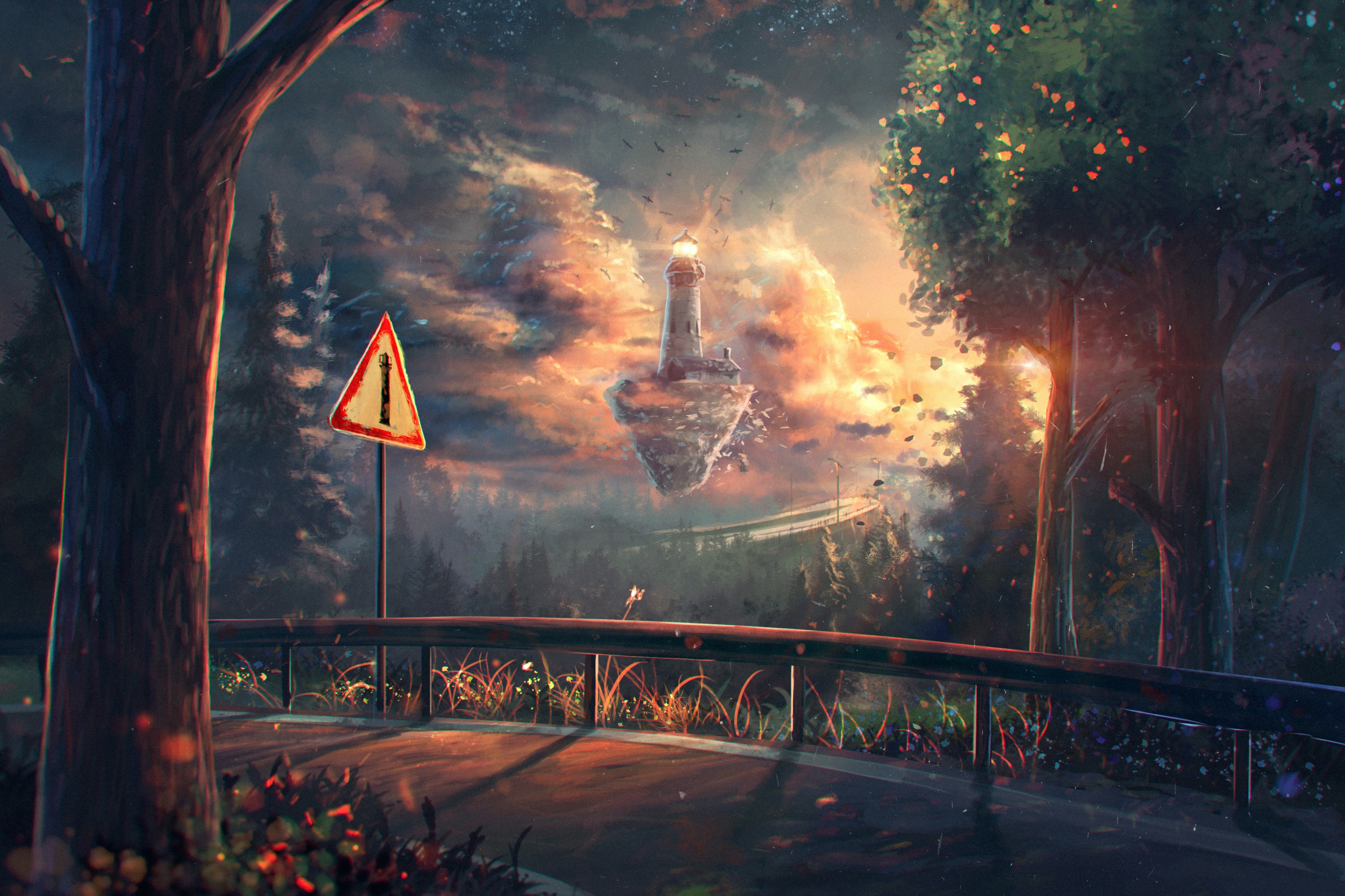 Floating lighthouse on an island with a road and trees HD Wallpaper