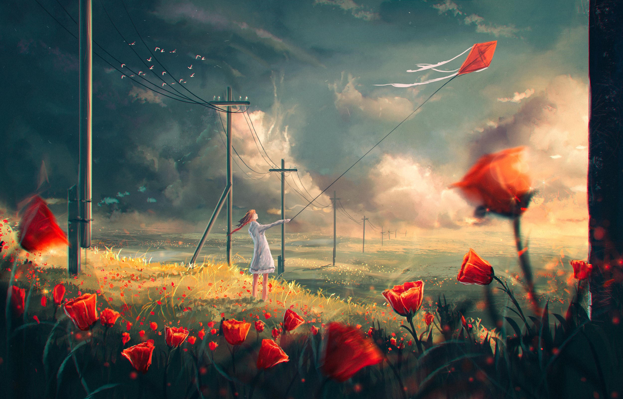 Girl flying a red kite in a field of poppies HD Wallpaper