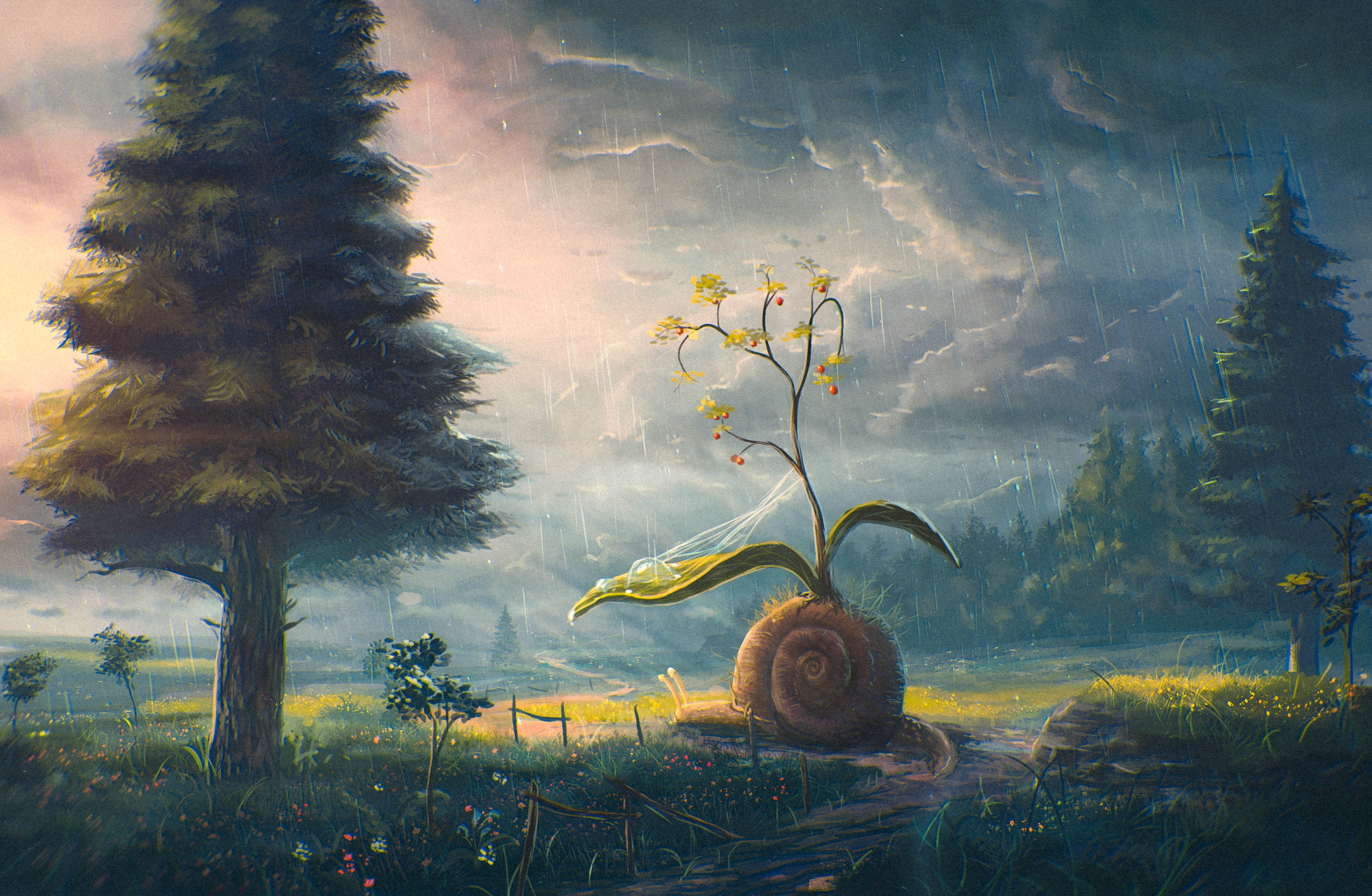 Snail with plant in the rain HD Wallpaper