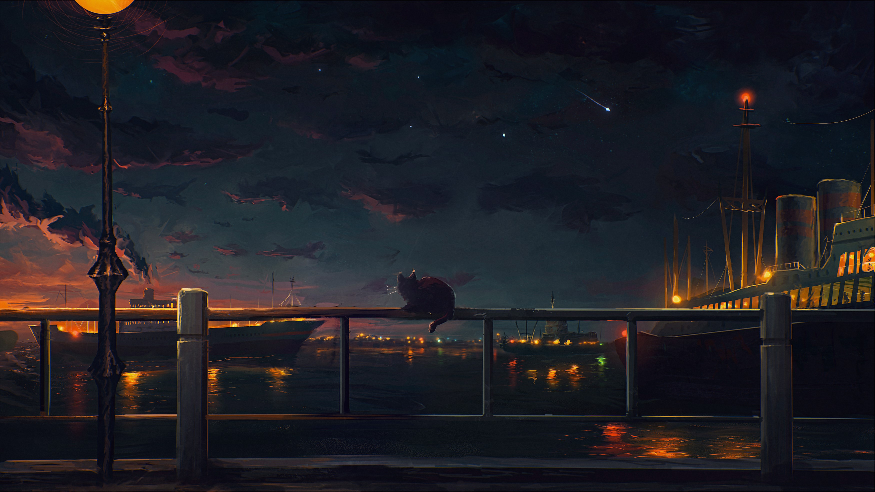 Cat on a fence overlooking ships at night HD Wallpaper