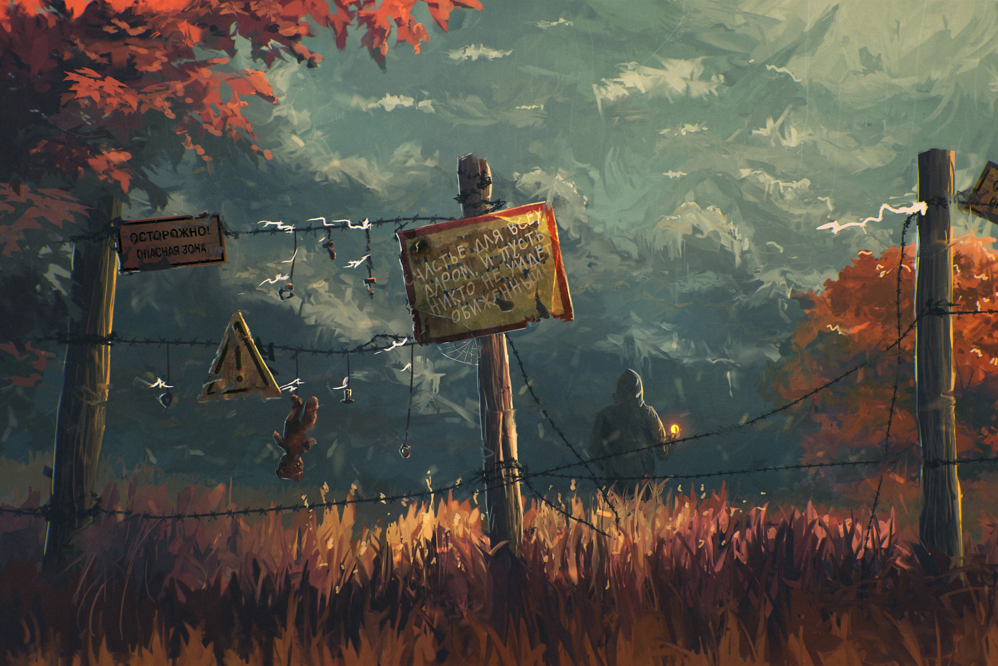 Post-apocalyptic fence with warning signs and a figure HD Wallpaper
