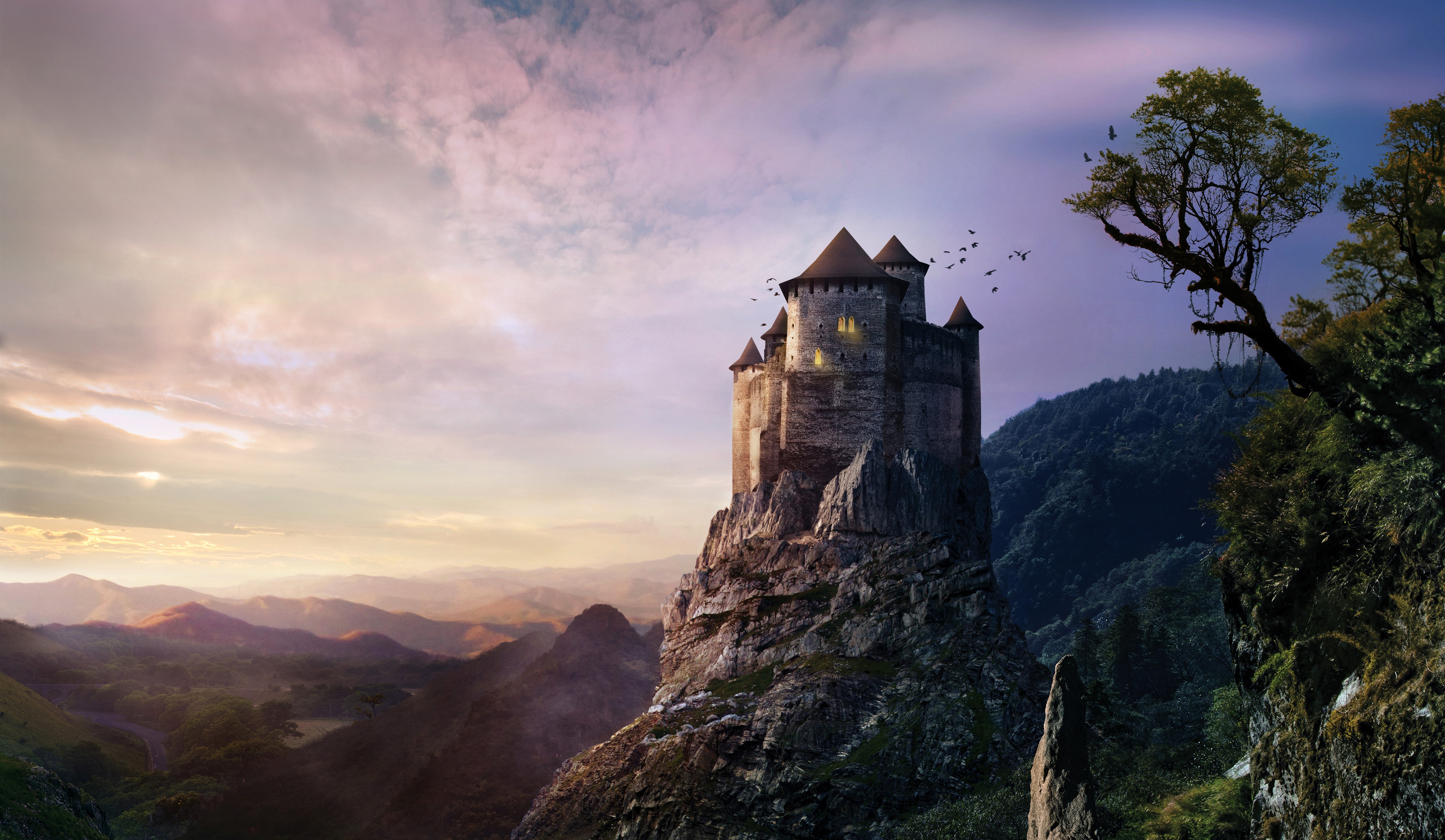 Castle on a rocky crag at sunset HD Wallpaper