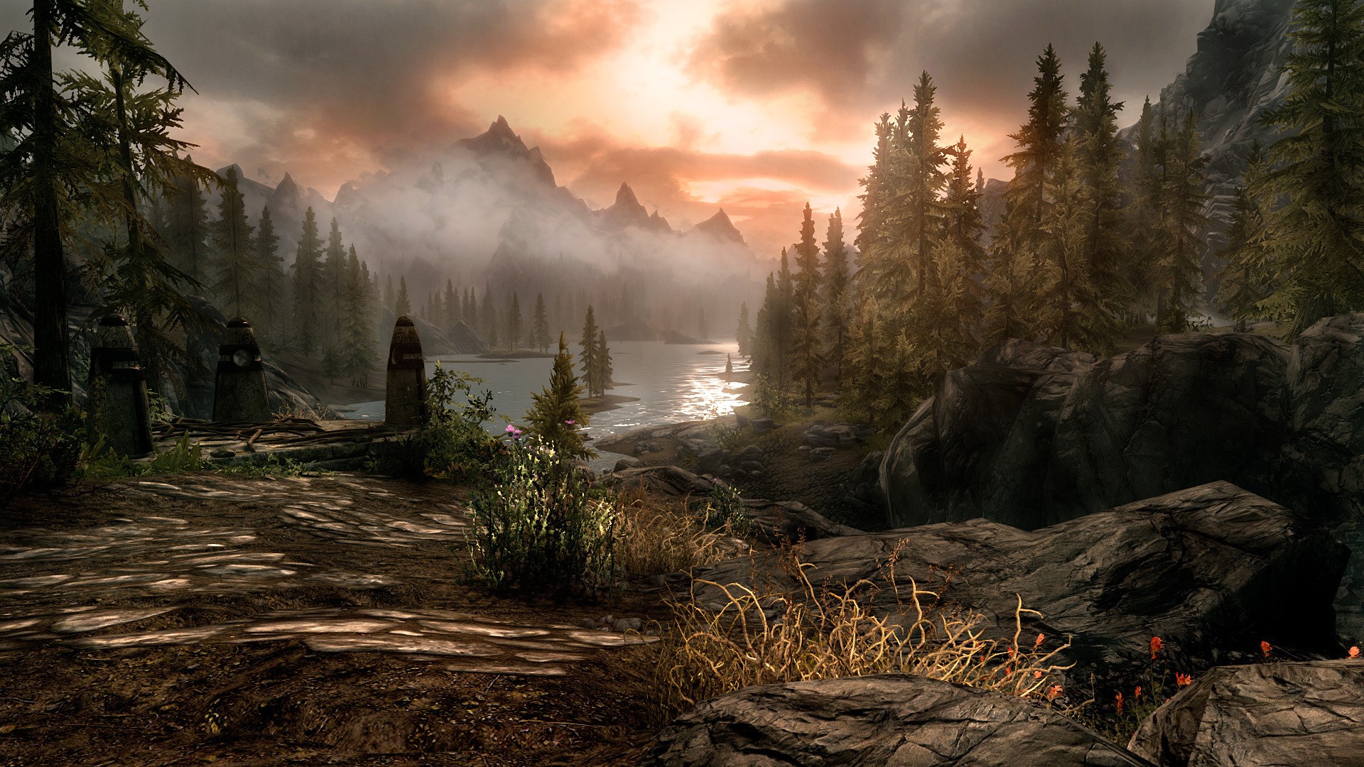 The Elder Scrolls V: Skyrim landscape with mountains and forest HD Wallpaper