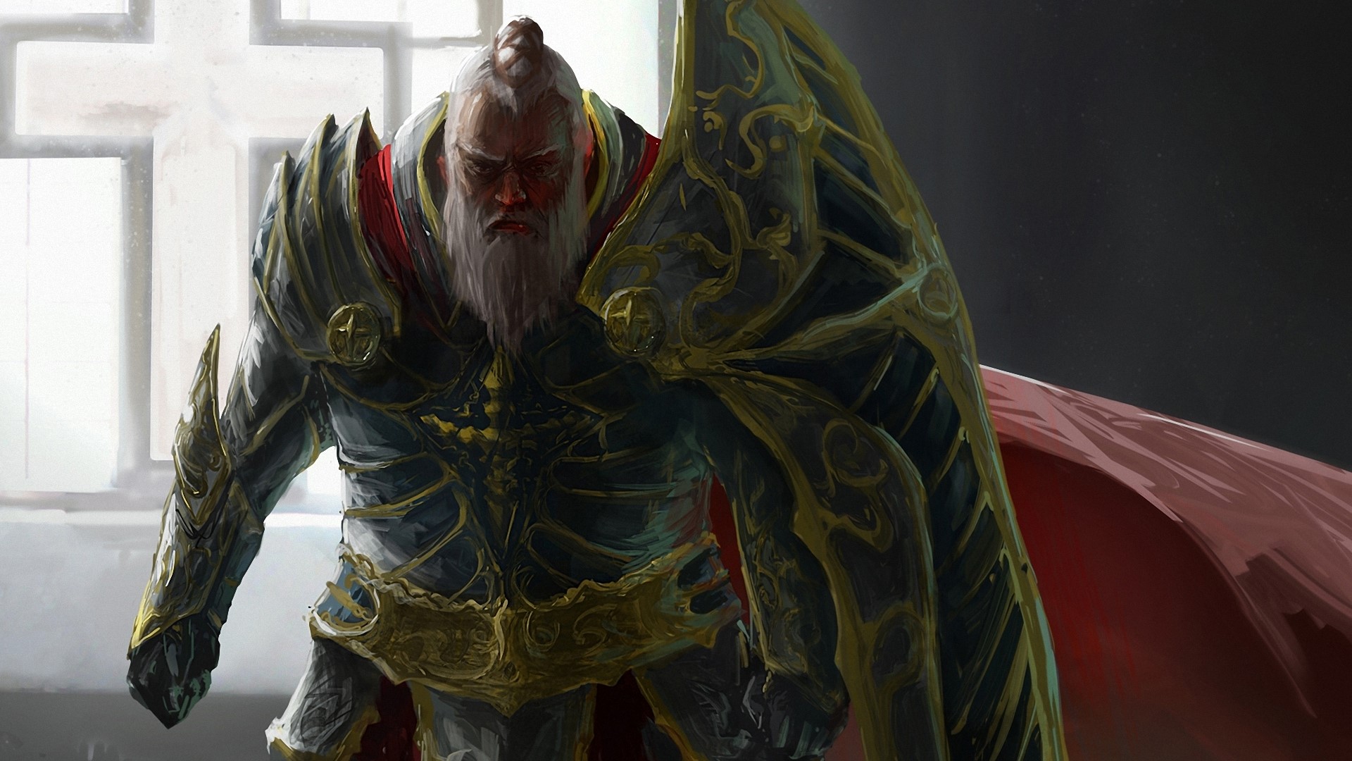 Warrior in ornate armor with a shield and cloak HD Wallpaper