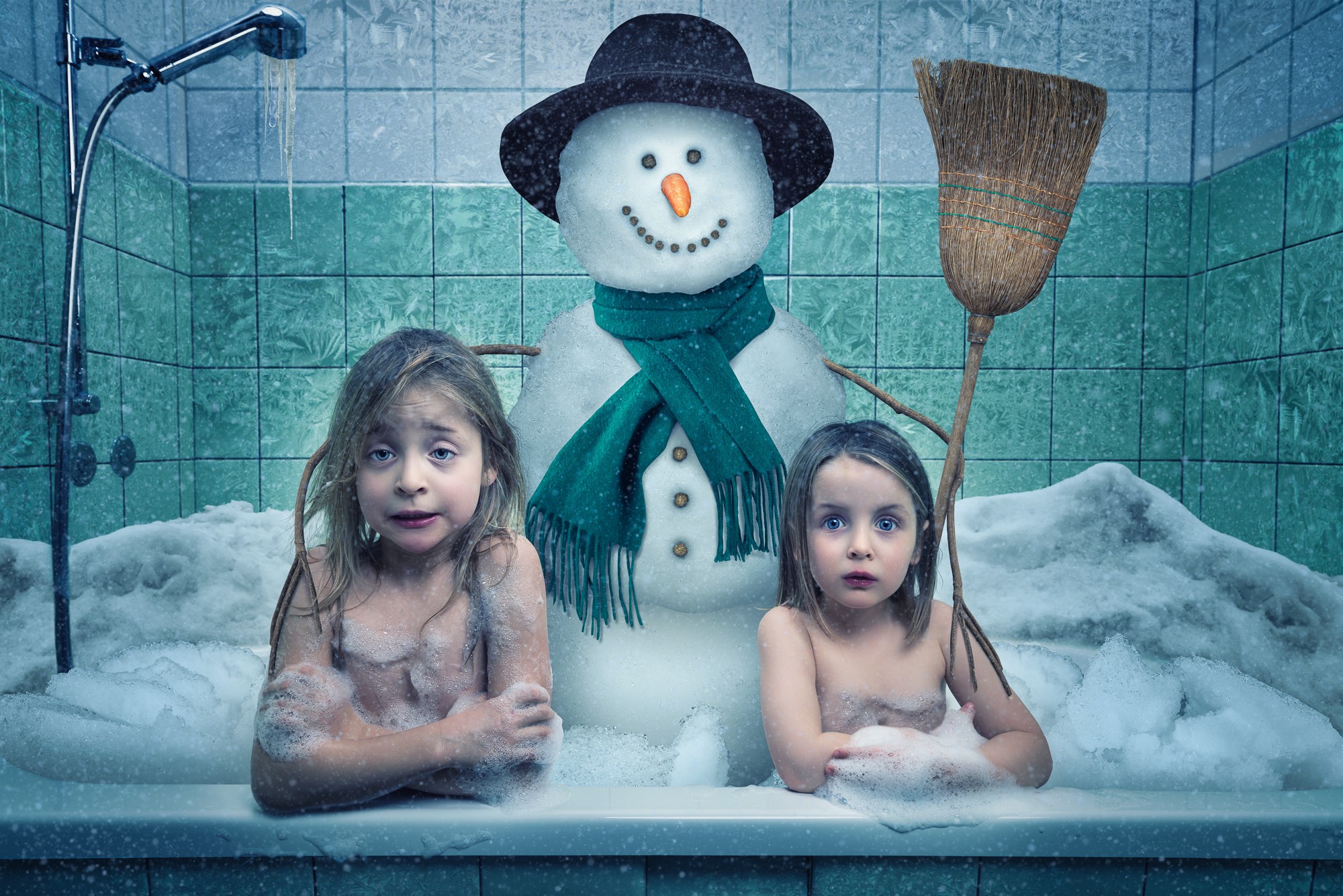 Two girls and a snowman in a bathtub HD Wallpaper