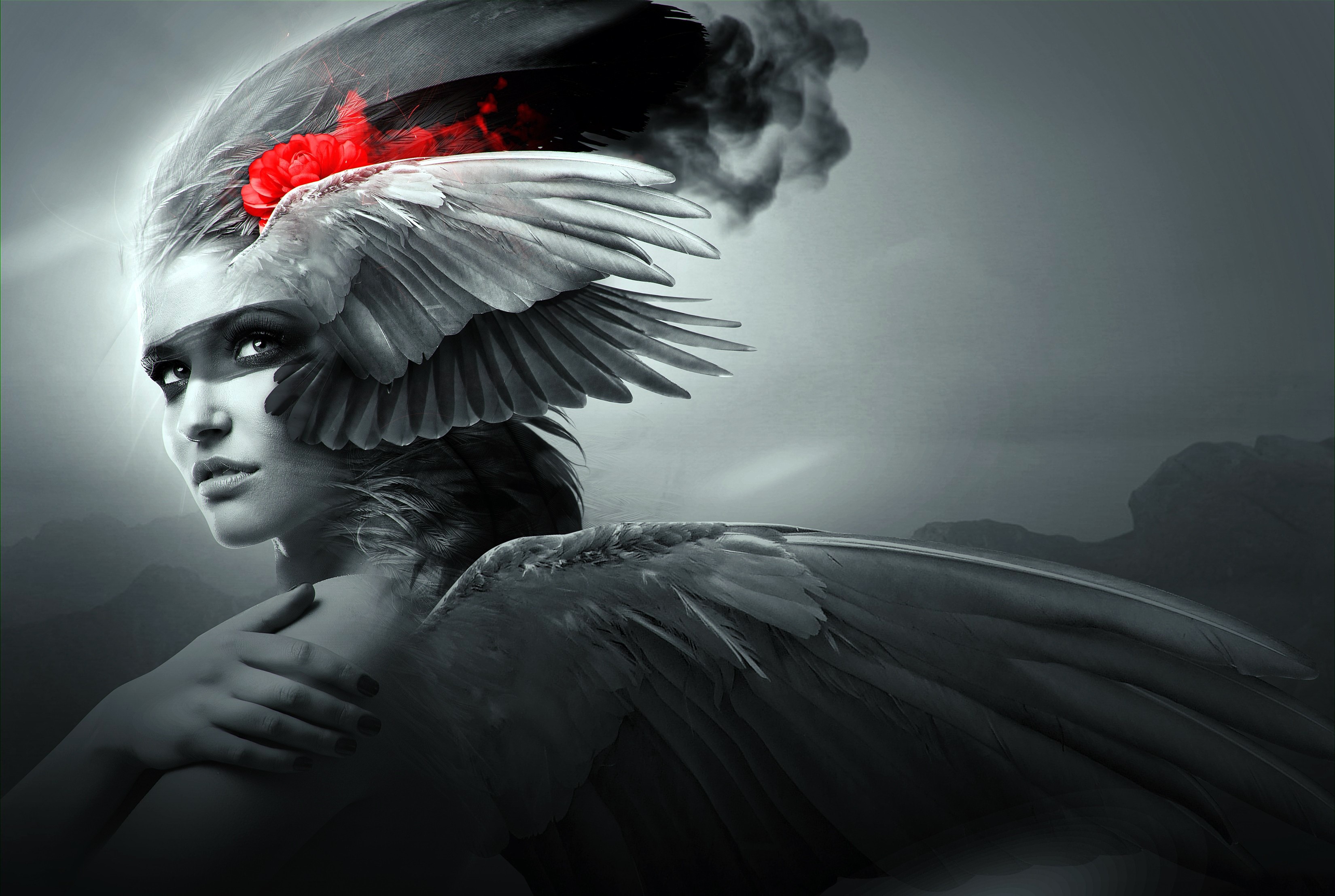 Woman with wings and red flower HD Wallpaper