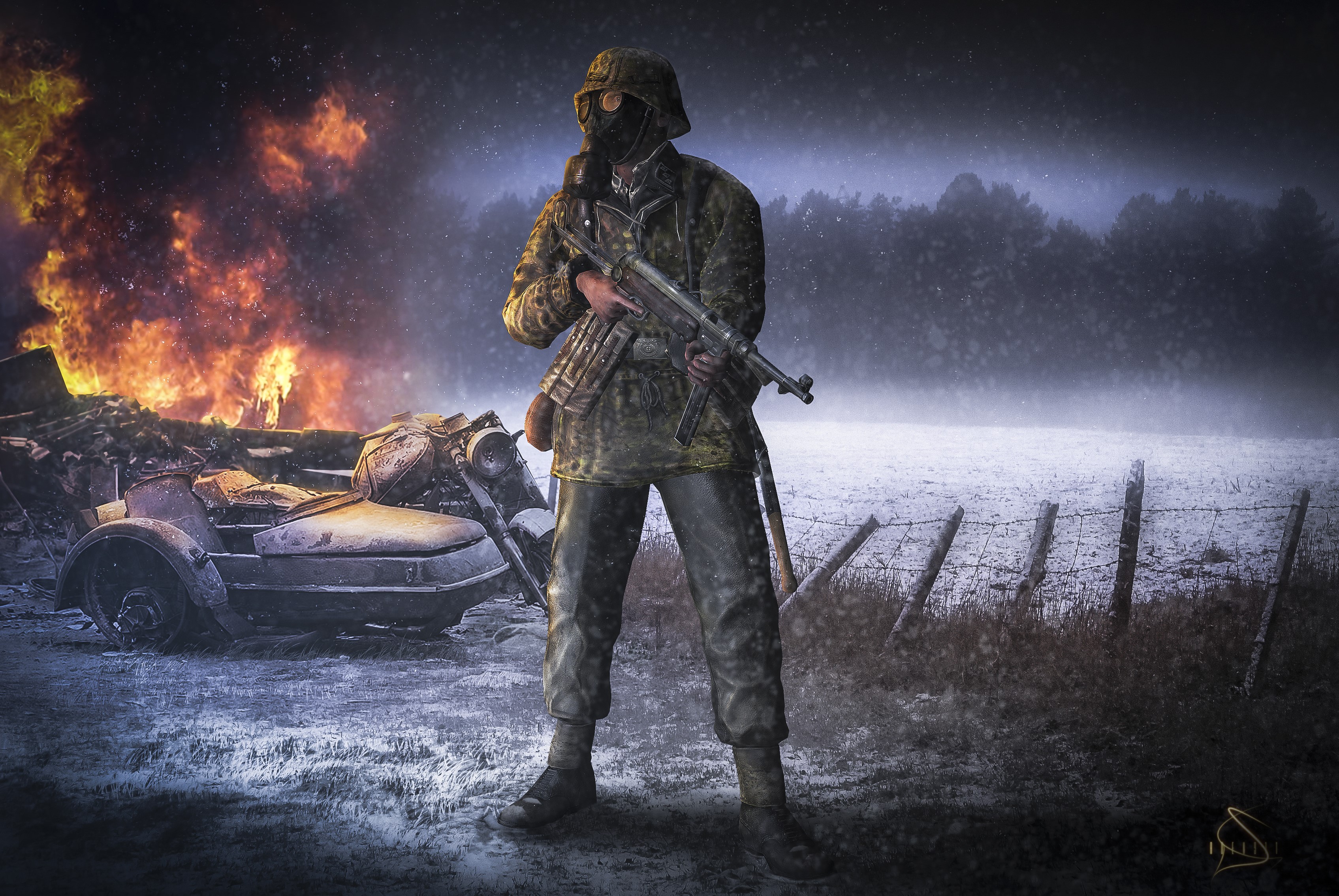Soldier with assault rifle in front of fire and snow HD Wallpaper