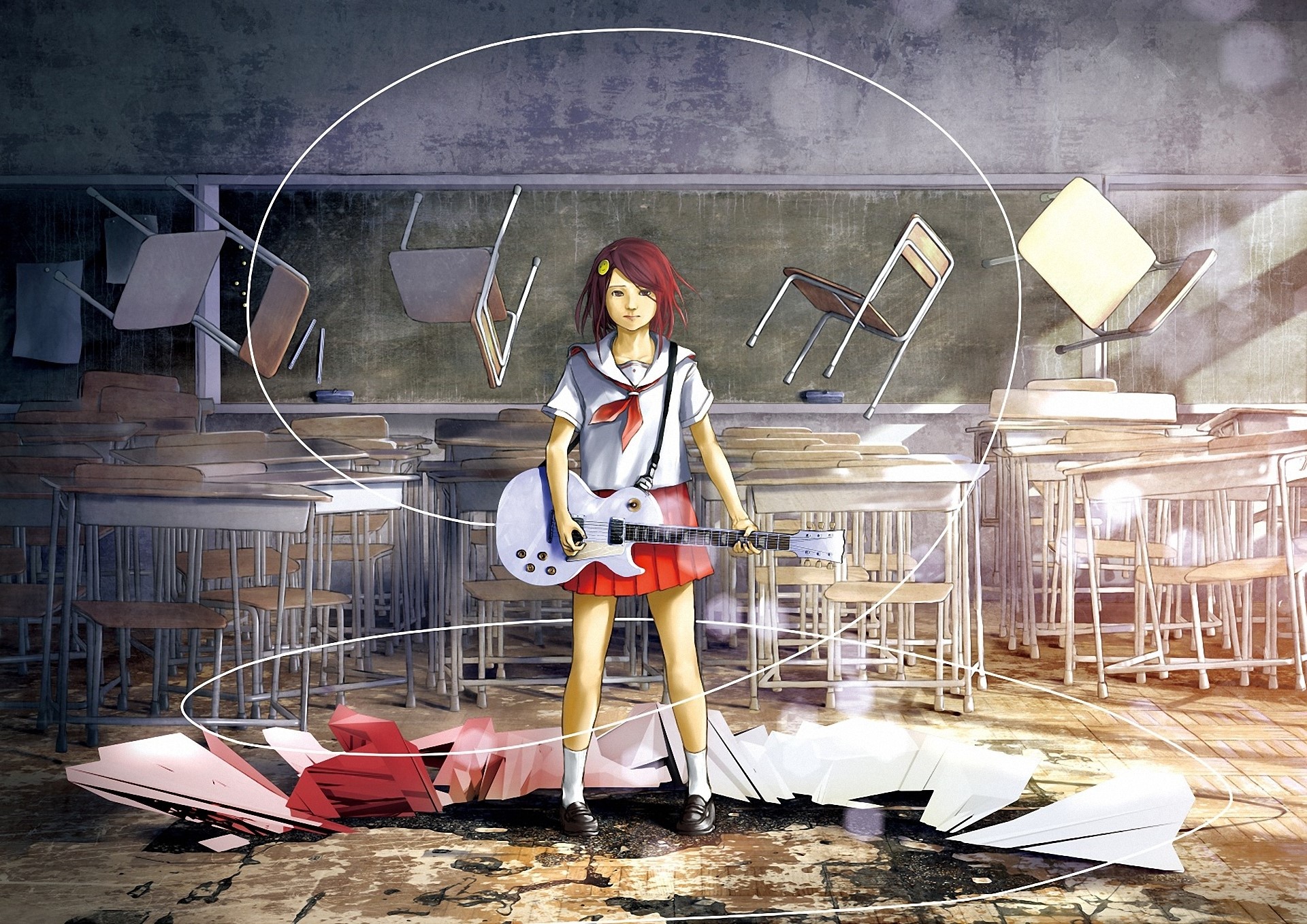 Girl with guitar in a destroyed classroom HD Wallpaper