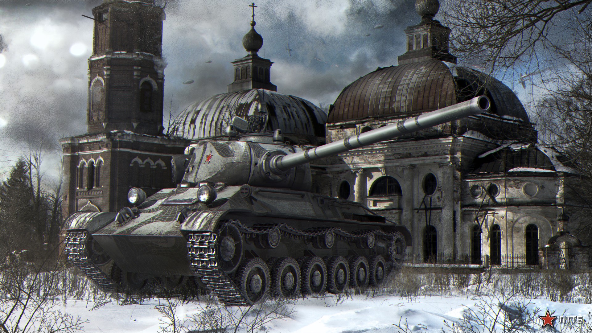 World of Tanks IS-7 tank in front of ruined churches HD Wallpaper
