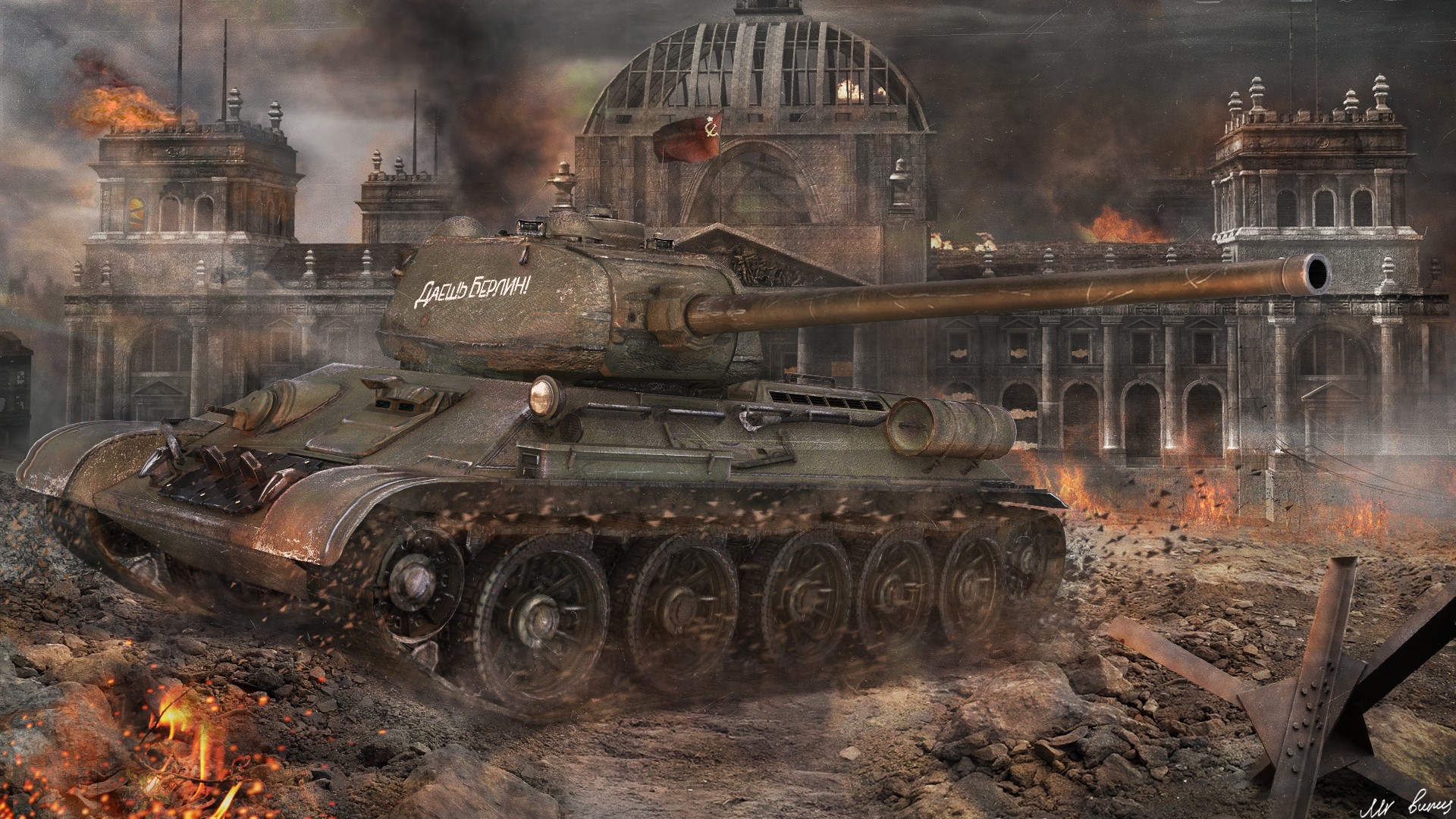Soviet tank in burning Berlin HD Wallpaper