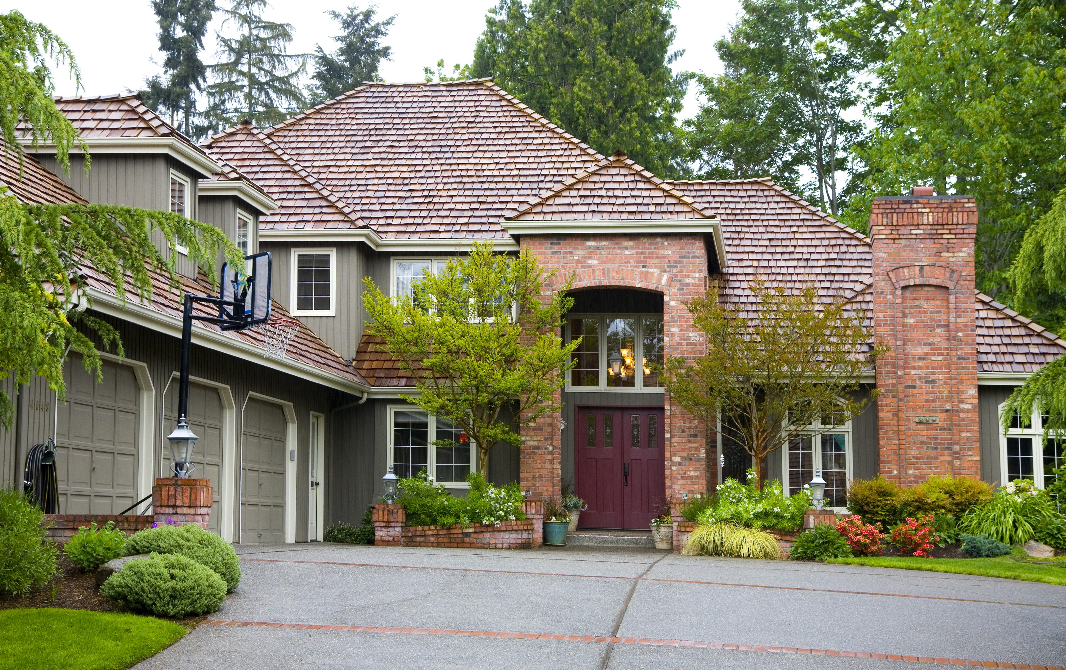 Large house with brick chimney and garage HD Wallpaper