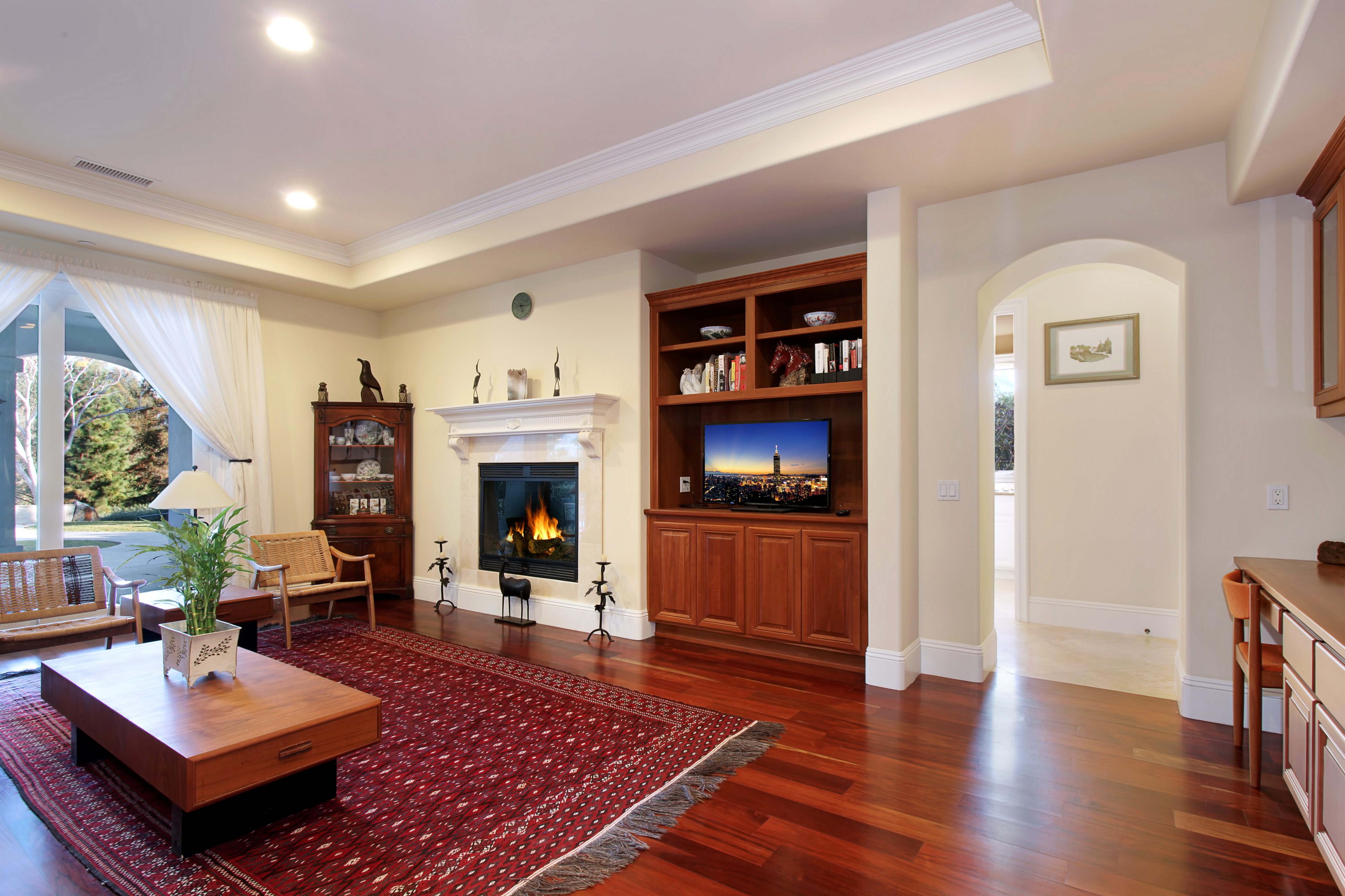 Living room with fireplace and entertainment center HD Wallpaper